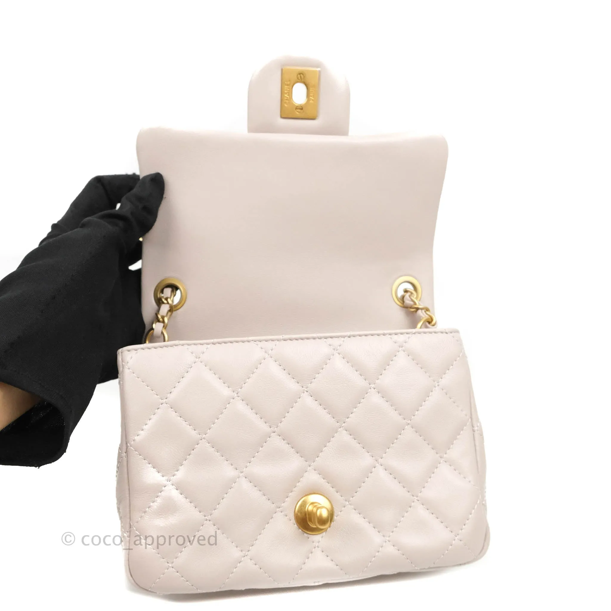 Chanel Mini Square Pearl Crush Quilted Pale Lilac Lambskin Aged Gold Hardware