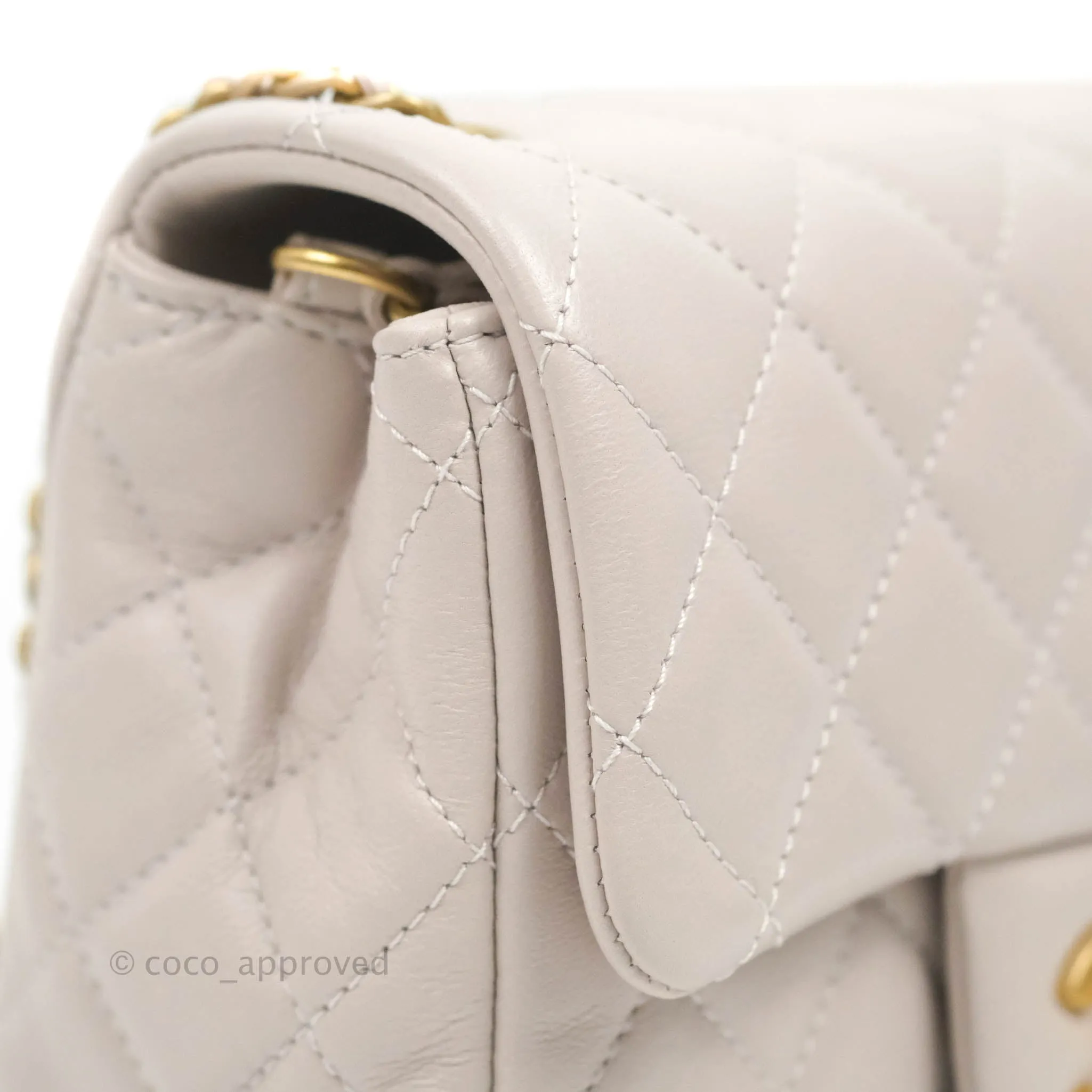 Chanel Mini Square Pearl Crush Quilted Pale Lilac Lambskin Aged Gold Hardware