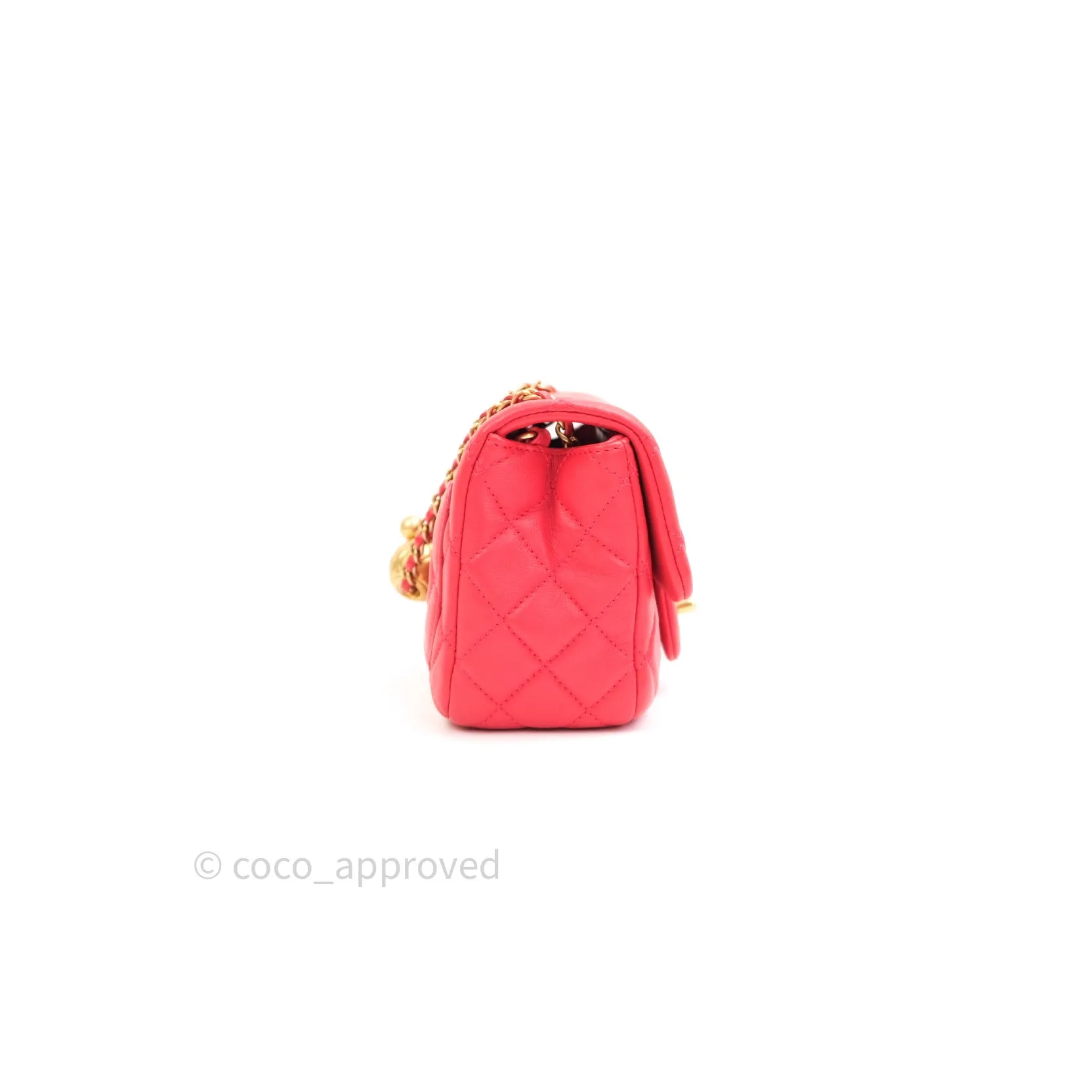 Chanel Mini Square Pearl Crush Quilted Red Lambskin Gold Hardware