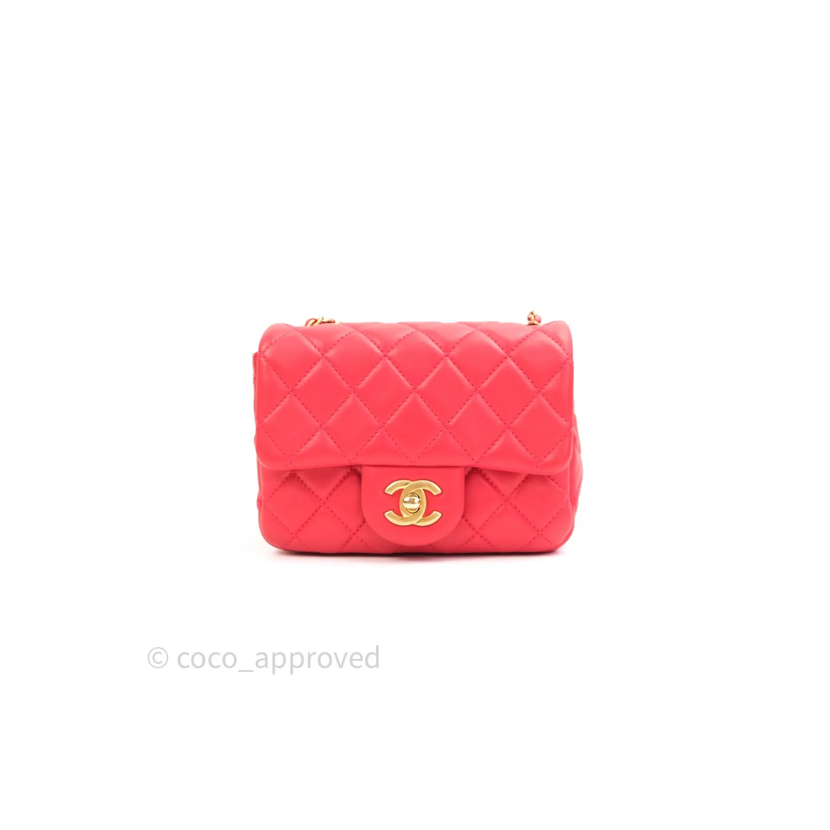 Chanel Mini Square Pearl Crush Quilted Red Lambskin Gold Hardware