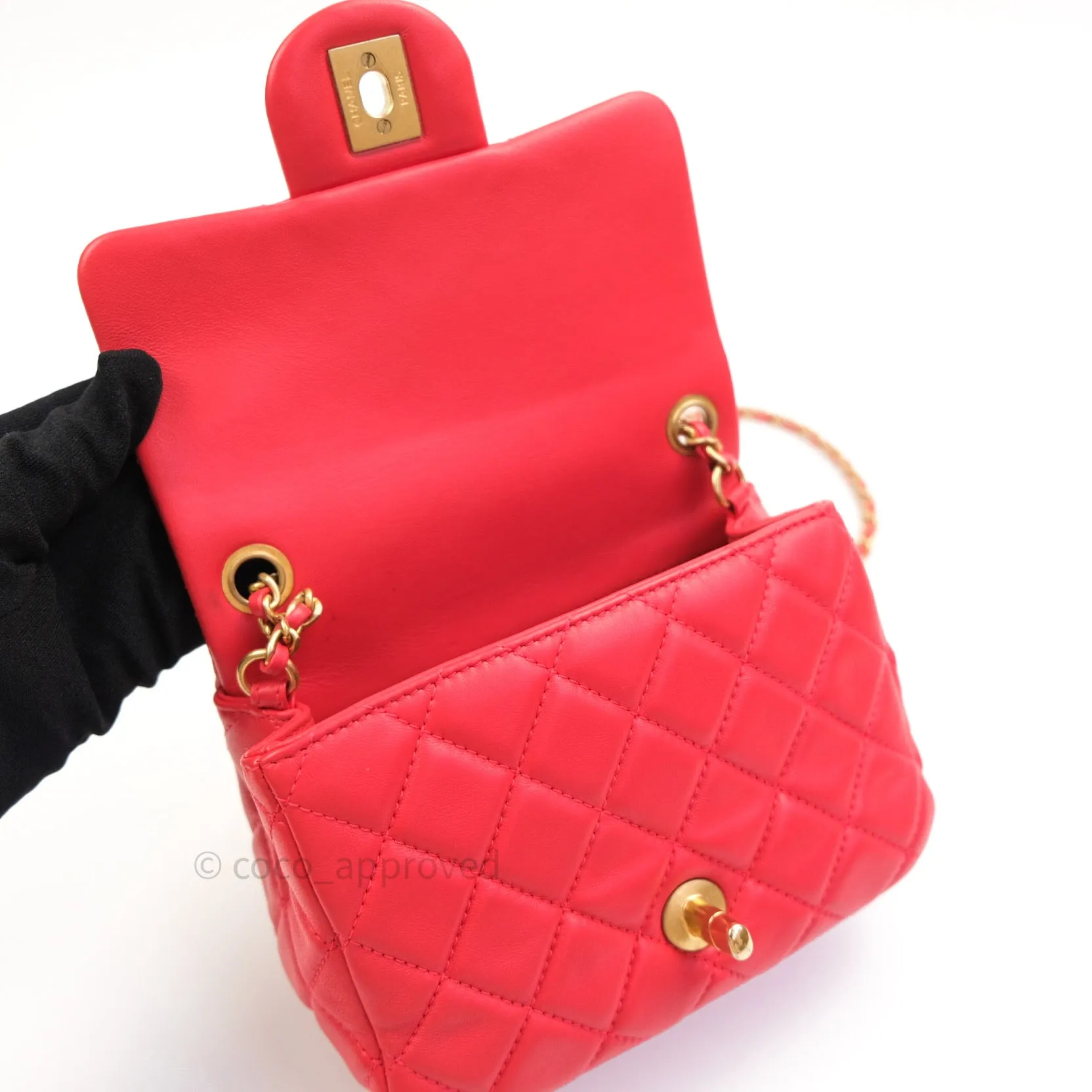 Chanel Mini Square Pearl Crush Quilted Red Lambskin Gold Hardware