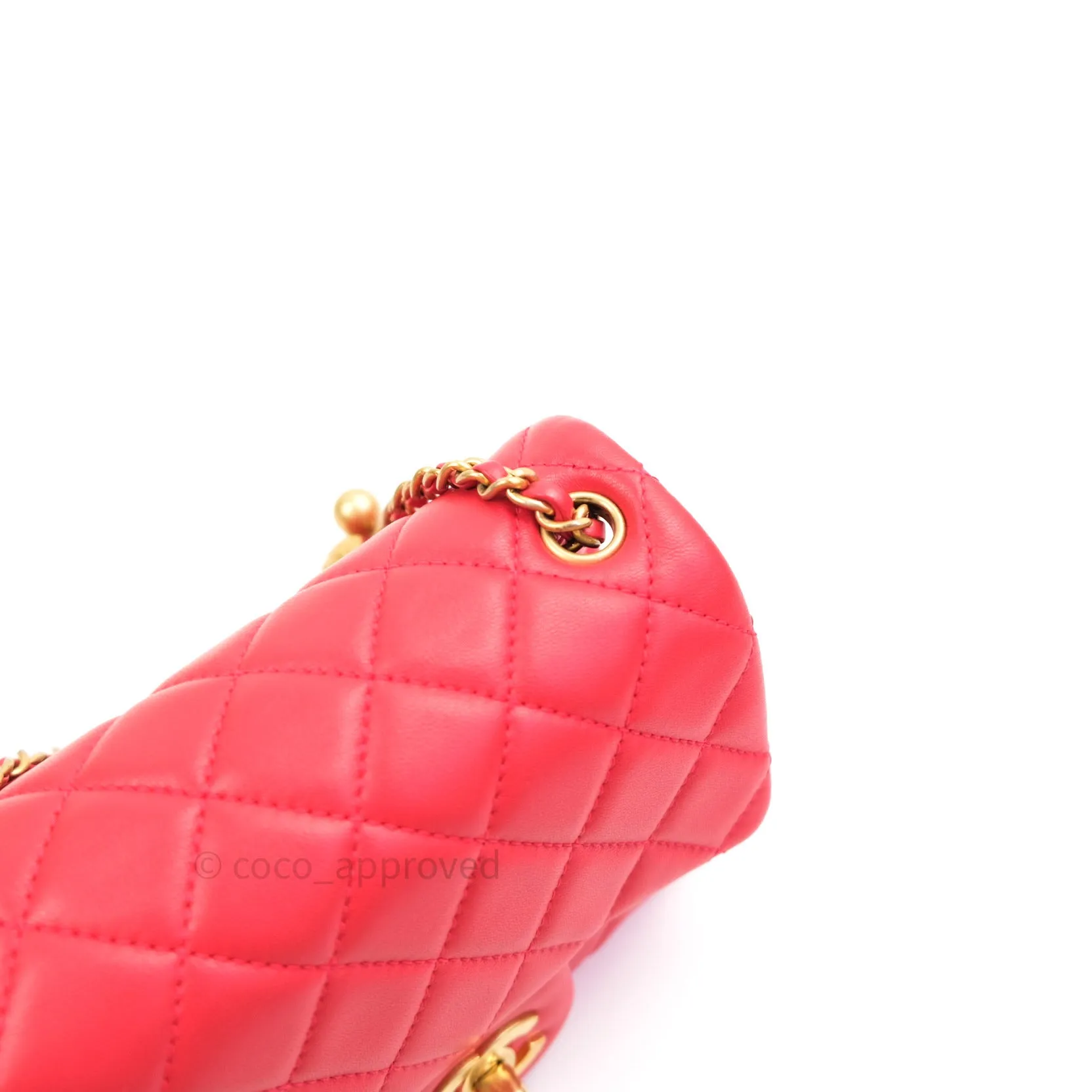 Chanel Mini Square Pearl Crush Quilted Red Lambskin Gold Hardware
