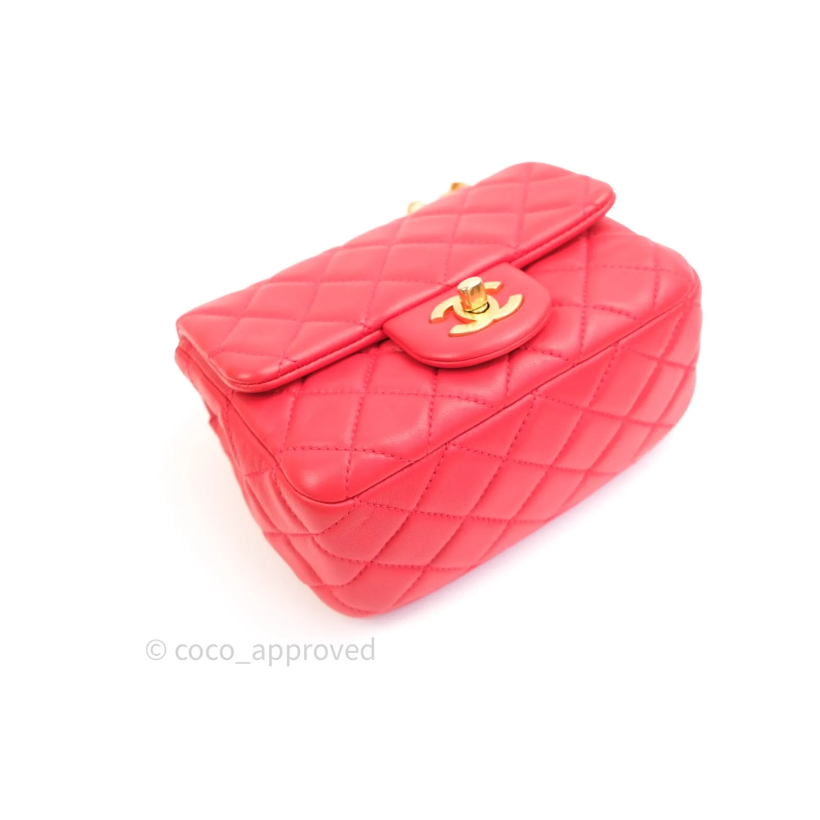 Chanel Mini Square Pearl Crush Quilted Red Lambskin Gold Hardware