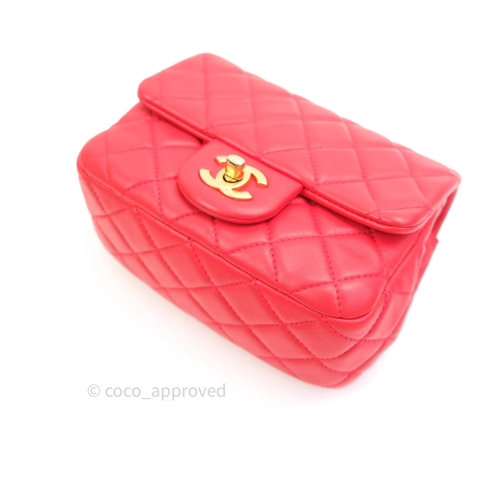 Chanel Mini Square Pearl Crush Quilted Red Lambskin Gold Hardware