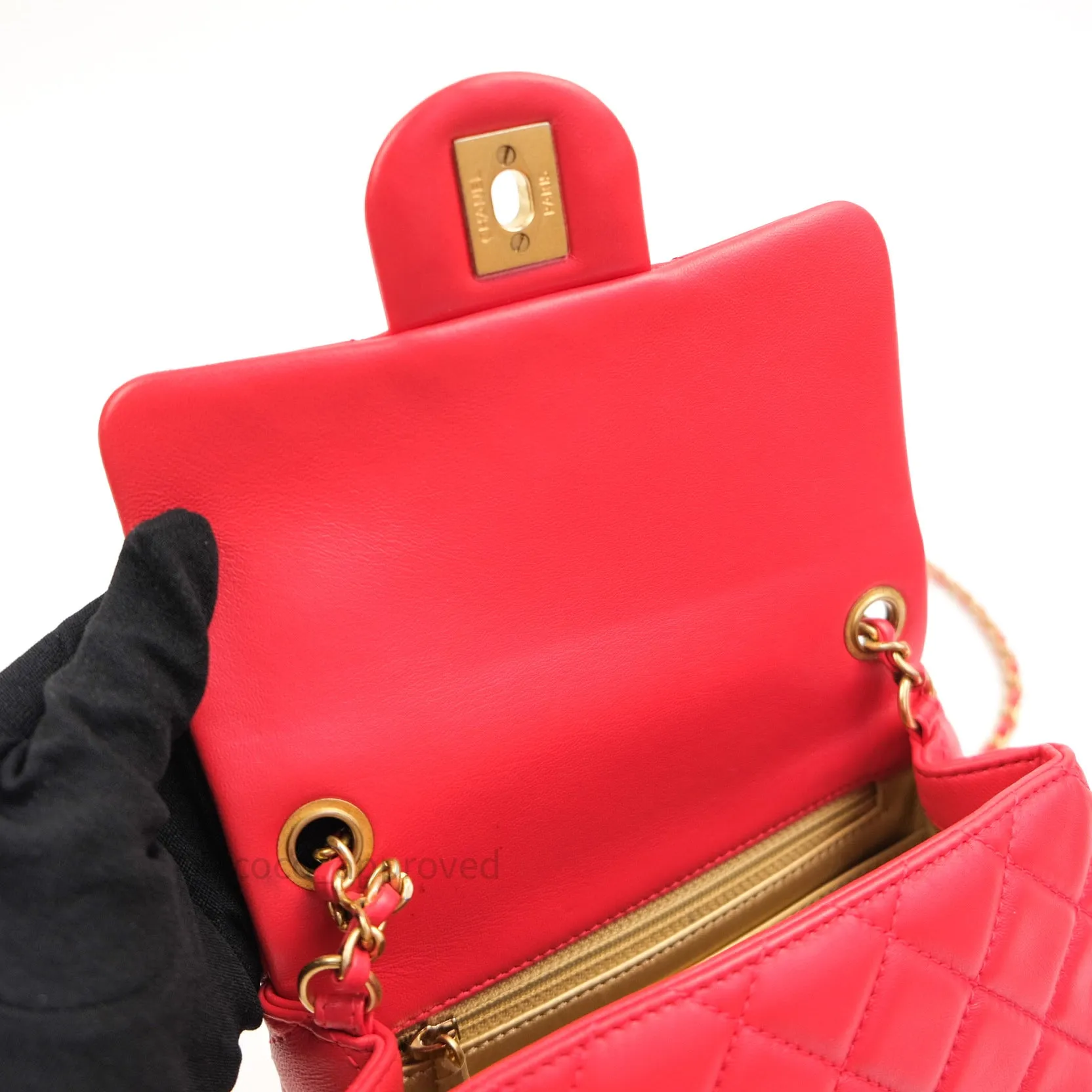 Chanel Mini Square Pearl Crush Quilted Red Lambskin Gold Hardware
