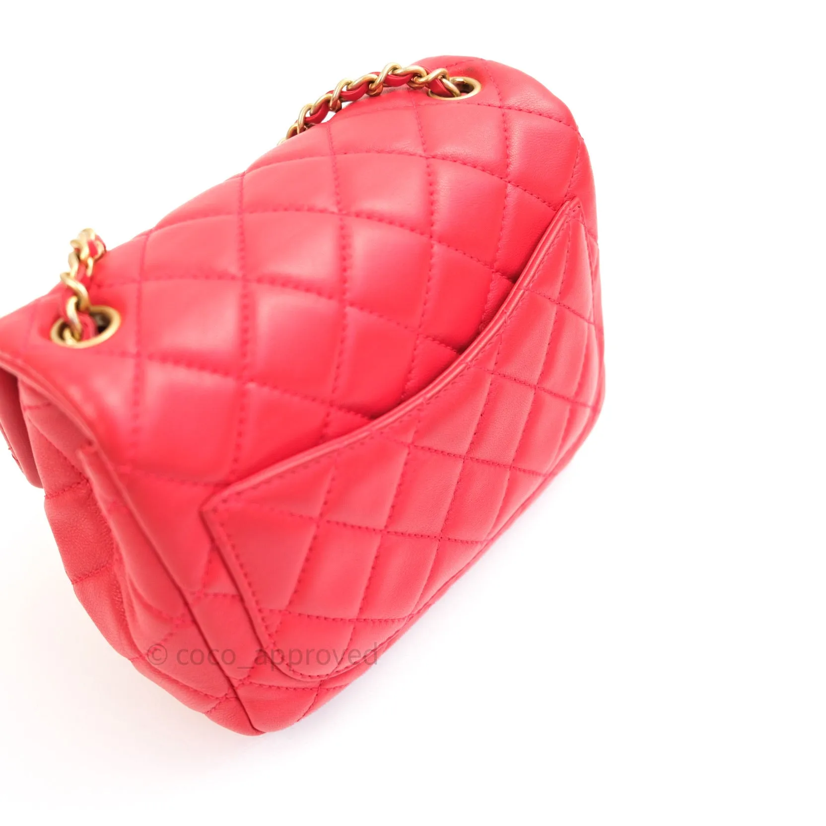 Chanel Mini Square Pearl Crush Quilted Red Lambskin Gold Hardware