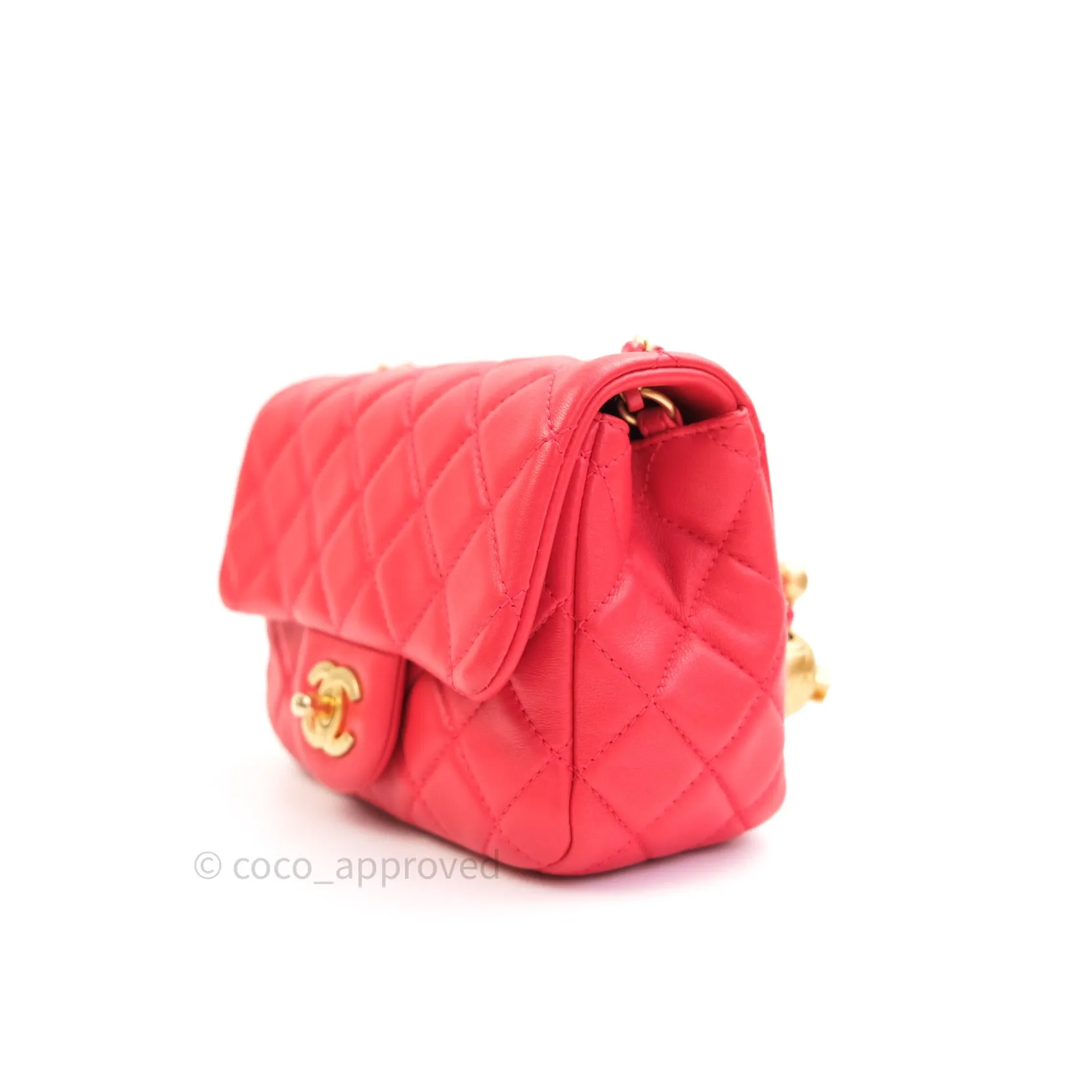 Chanel Mini Square Pearl Crush Quilted Red Lambskin Gold Hardware