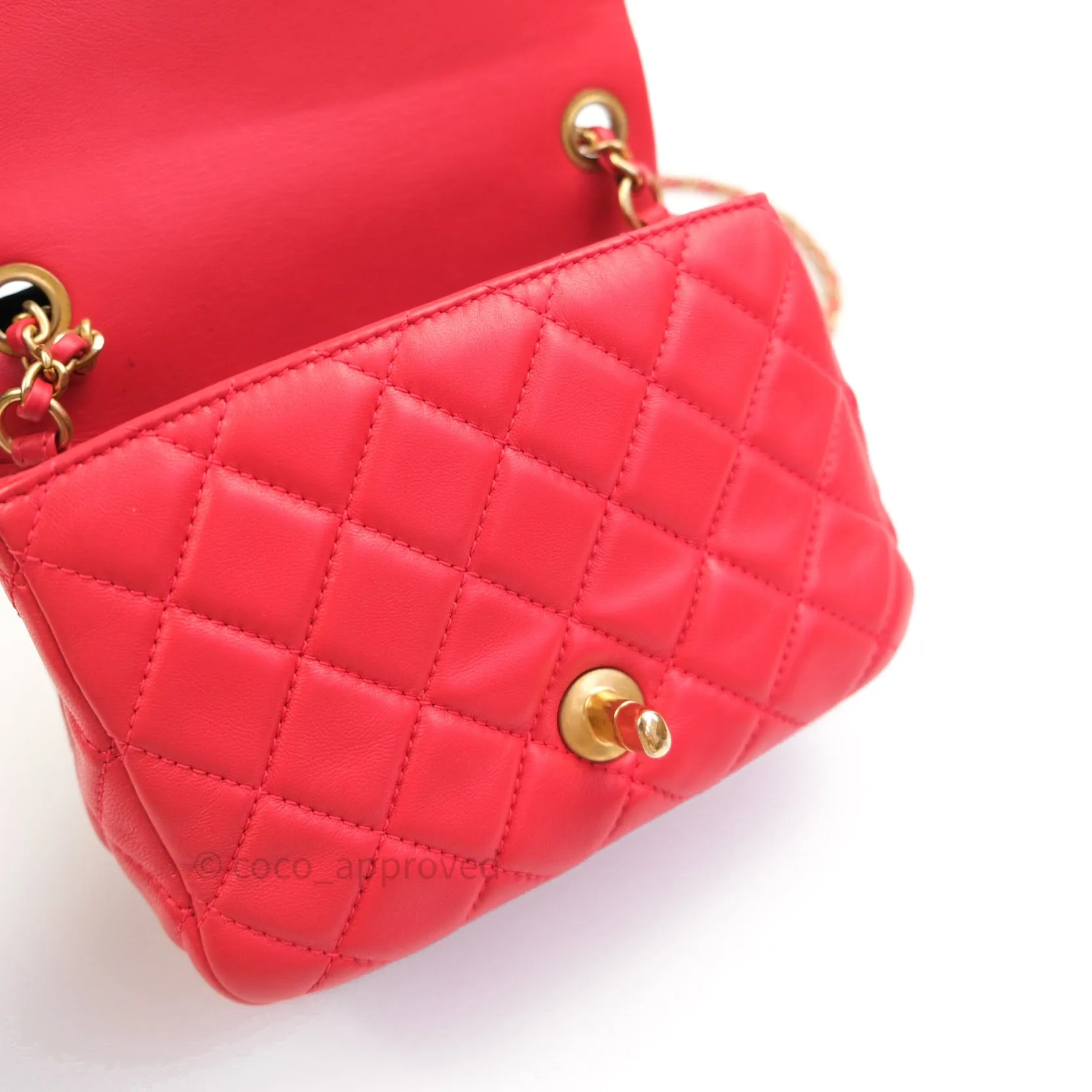 Chanel Mini Square Pearl Crush Quilted Red Lambskin Gold Hardware