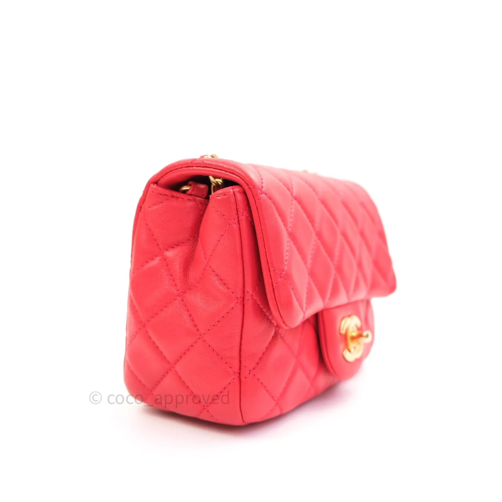 Chanel Mini Square Pearl Crush Quilted Red Lambskin Gold Hardware