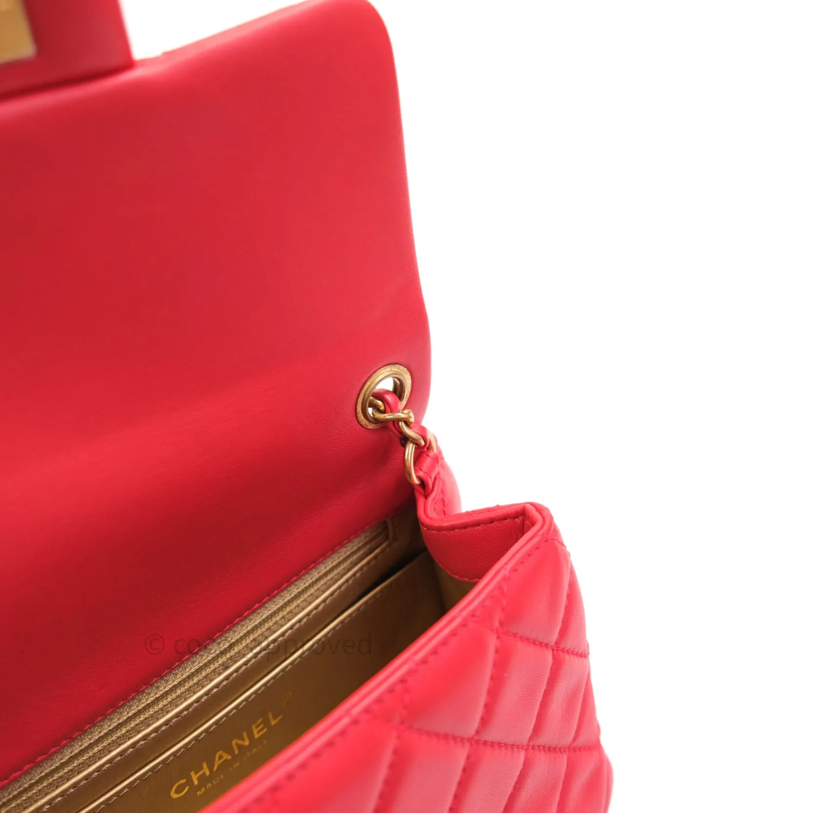 Chanel Mini Square Pearl Crush Quilted Red Lambskin Gold Hardware