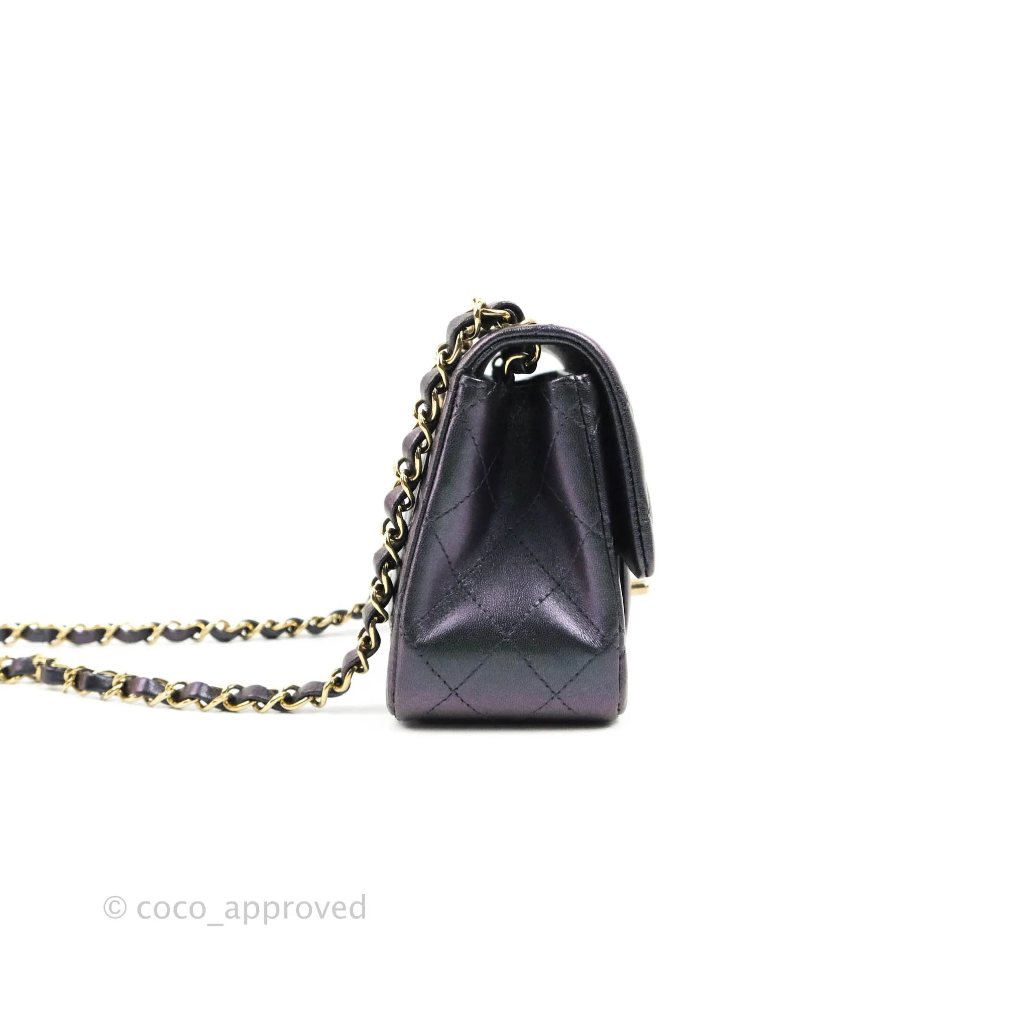 Chanel Mini Square Quilted Iridescent Purple Lambskin Gold Hardware