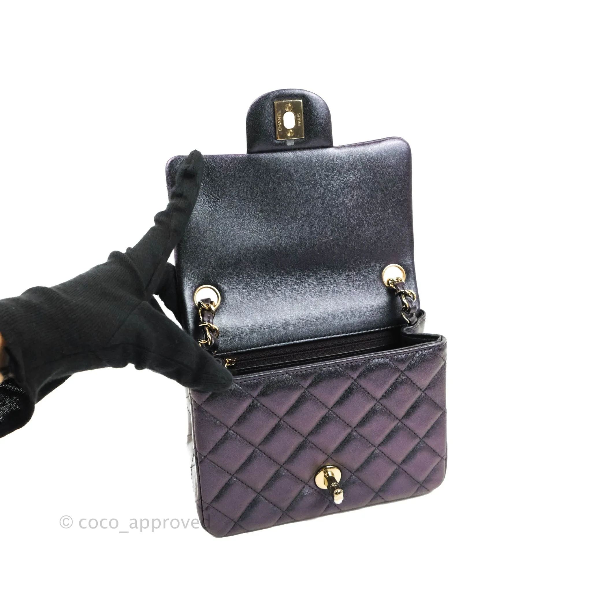 Chanel Mini Square Quilted Iridescent Purple Lambskin Gold Hardware