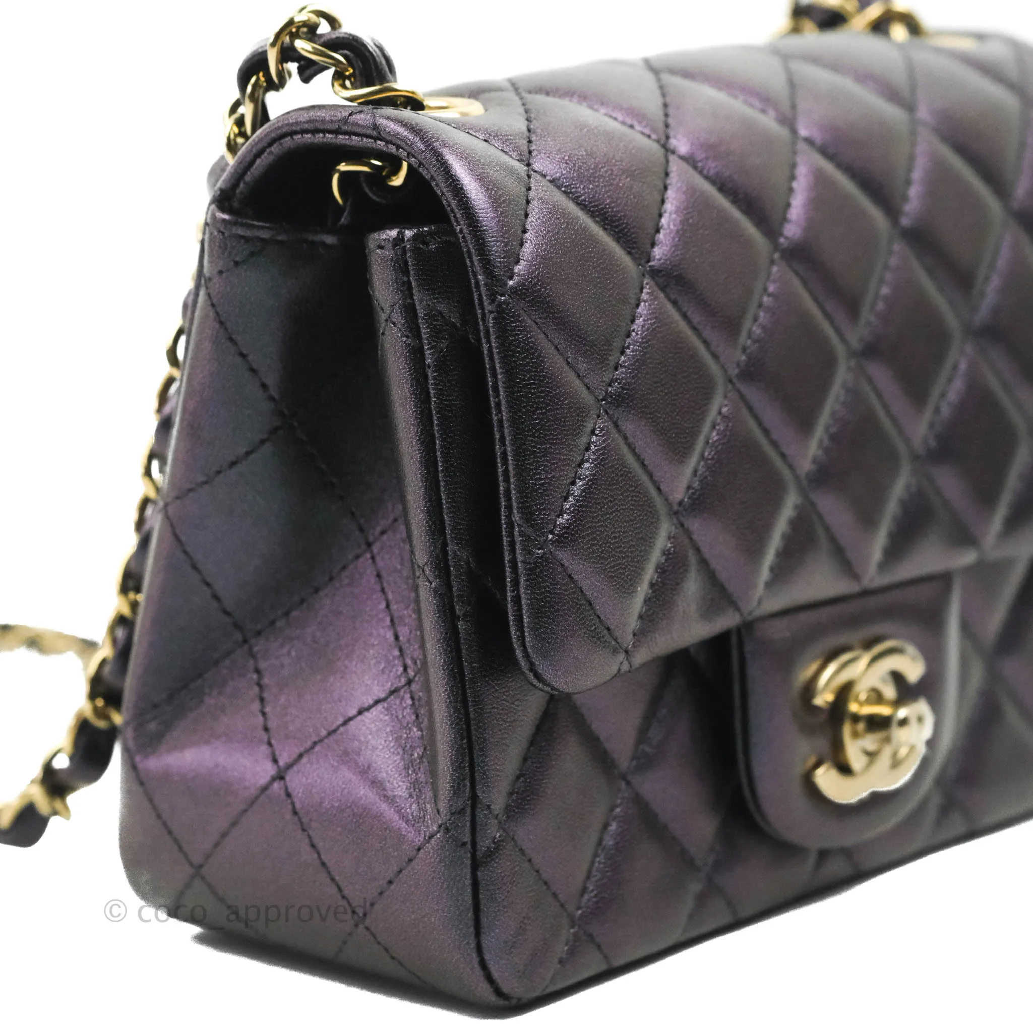 Chanel Mini Square Quilted Iridescent Purple Lambskin Gold Hardware