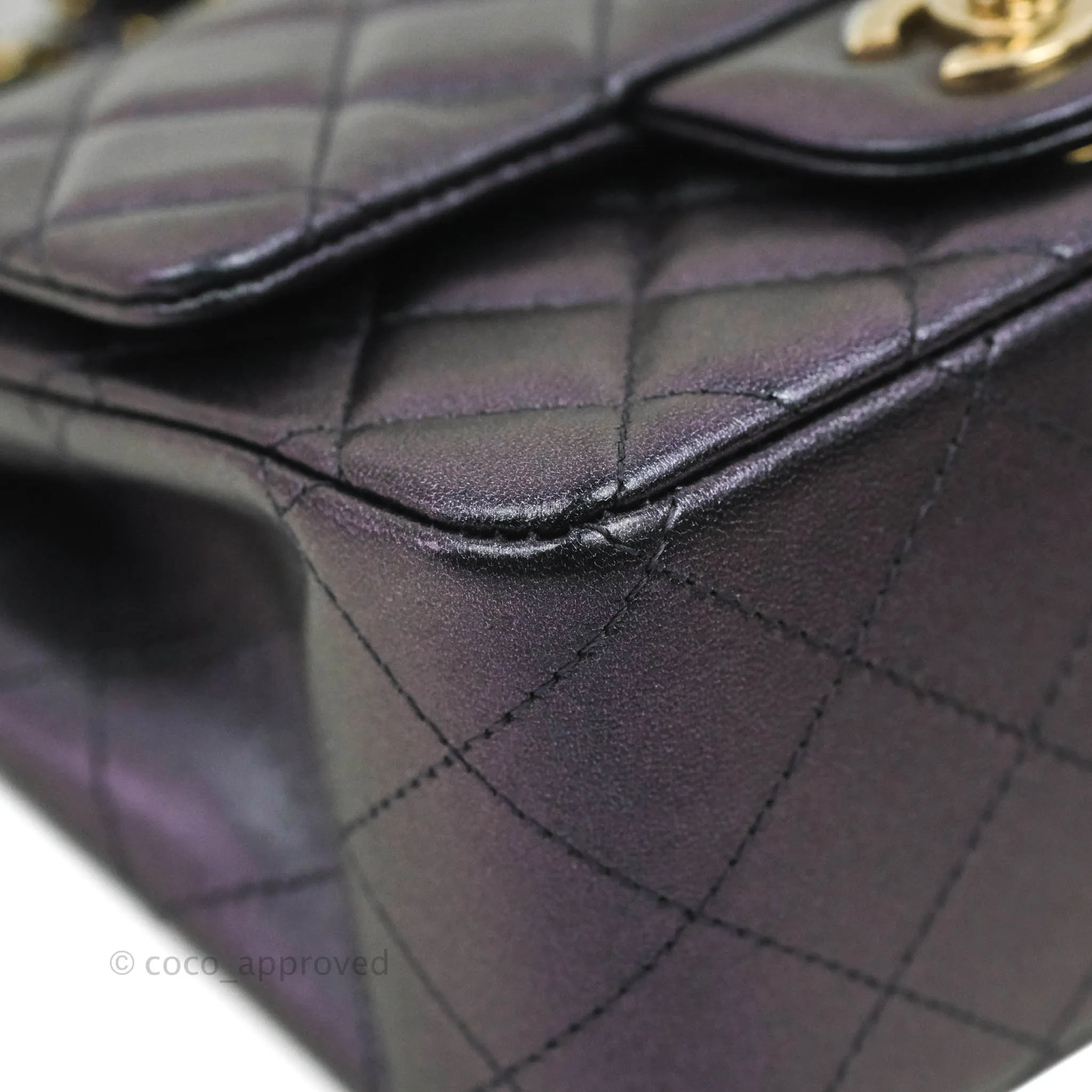 Chanel Mini Square Quilted Iridescent Purple Lambskin Gold Hardware