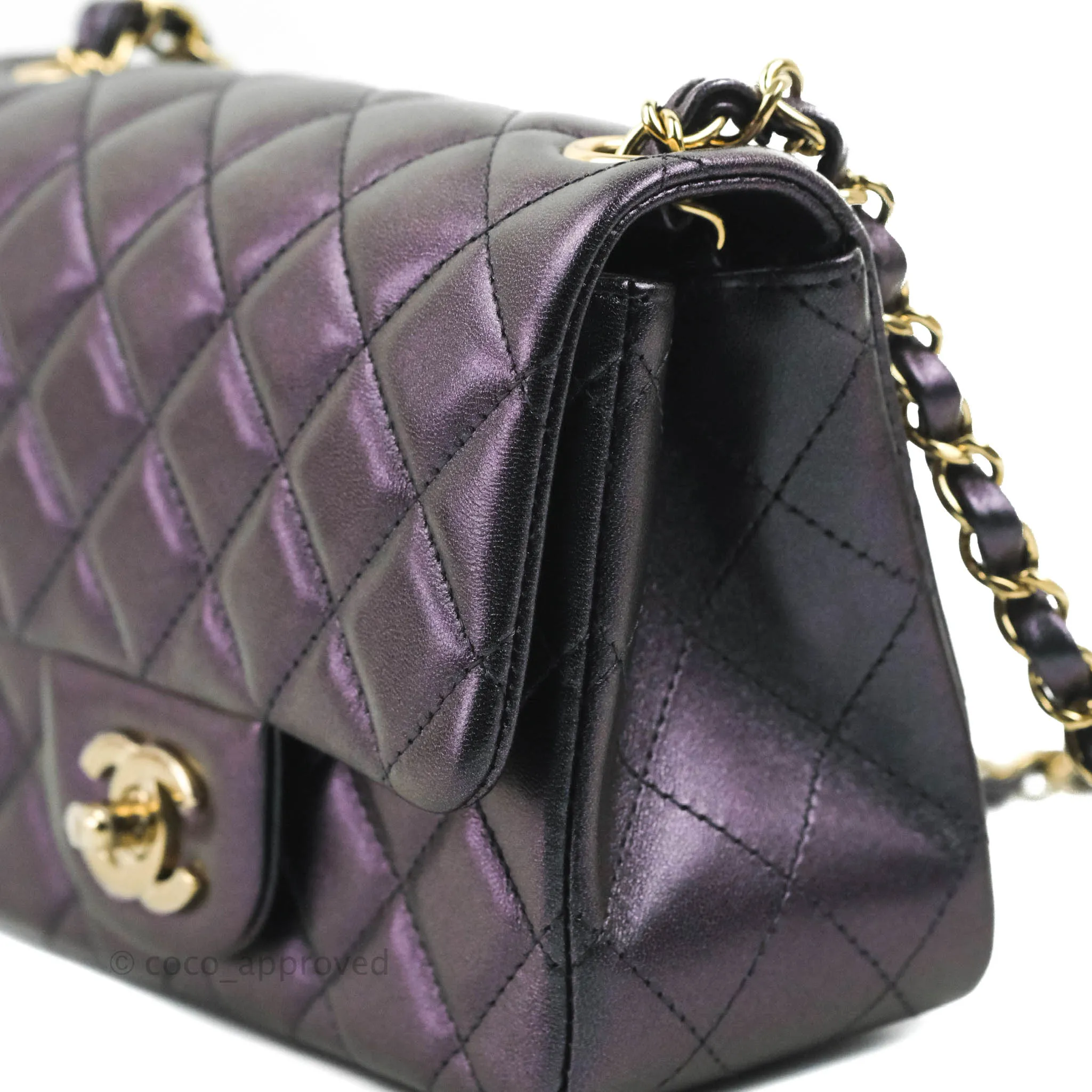Chanel Mini Square Quilted Iridescent Purple Lambskin Gold Hardware