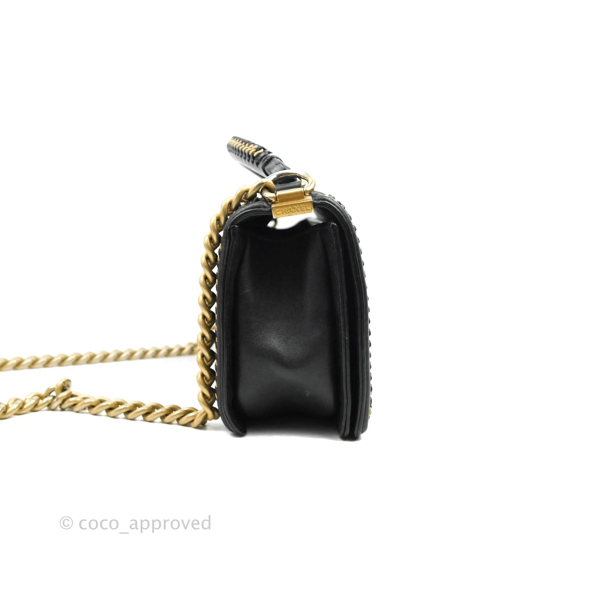 Chanel Quilted Medium Boy With Handle Black Calfskin Aged Gold Hardware