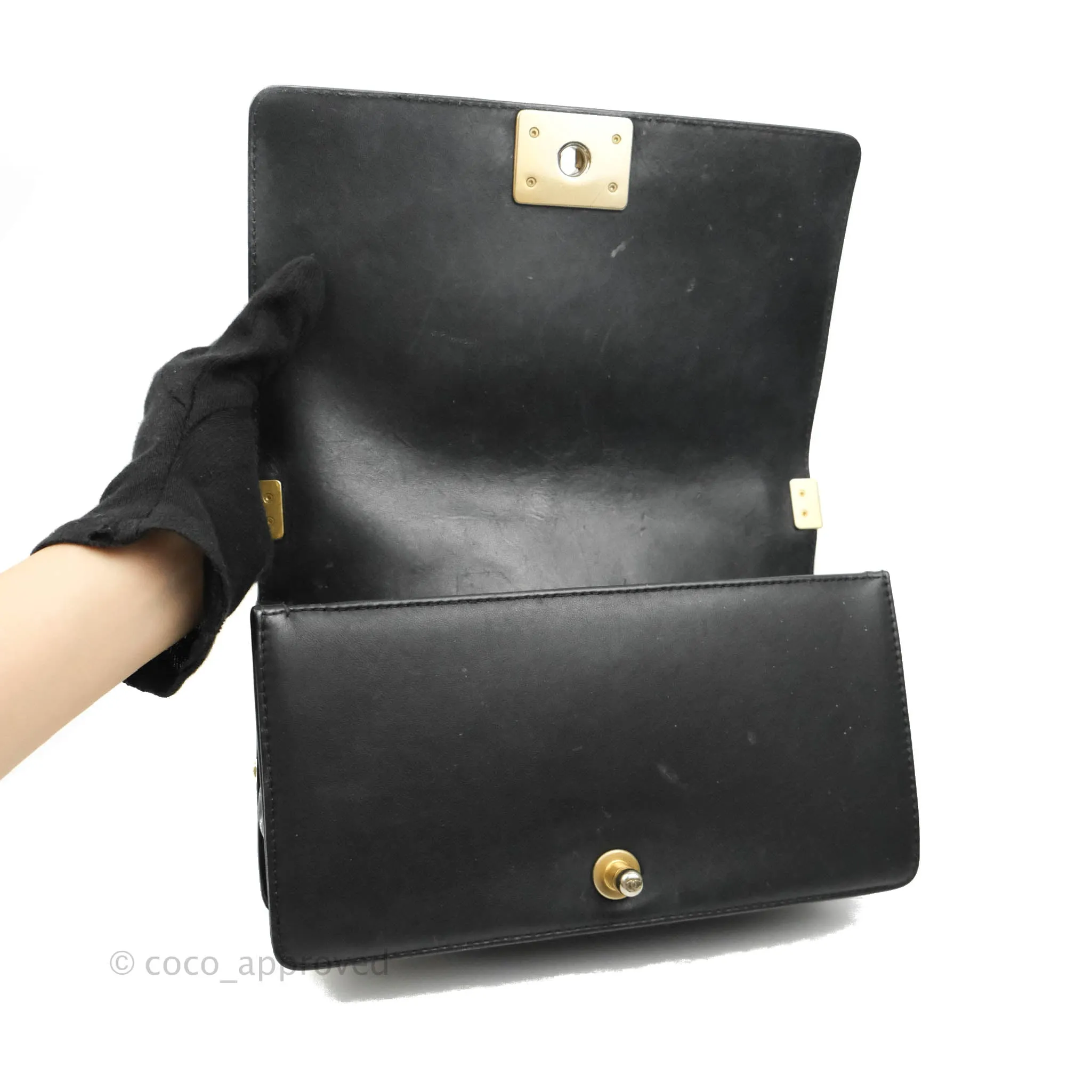 Chanel Quilted Medium Boy With Handle Black Calfskin Aged Gold Hardware
