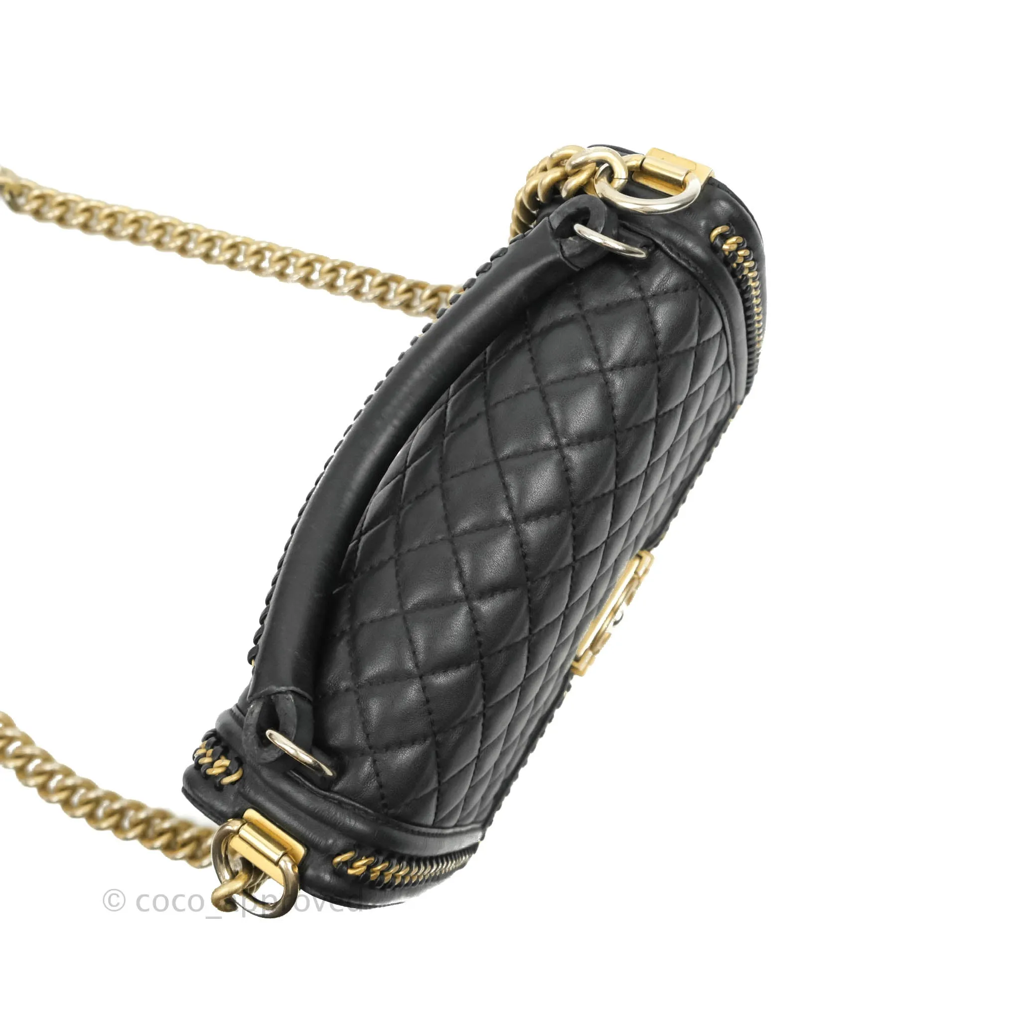 Chanel Quilted Medium Boy With Handle Black Calfskin Aged Gold Hardware