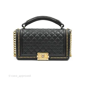 Chanel Quilted Medium Boy With Handle Black Calfskin Aged Gold Hardware