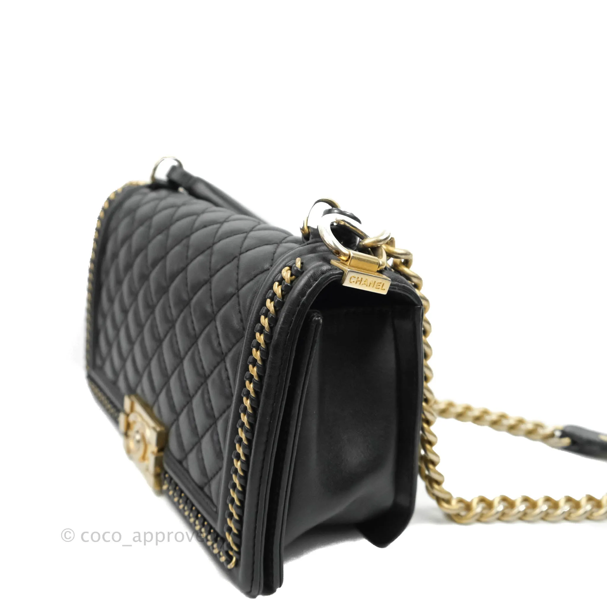 Chanel Quilted Medium Boy With Handle Black Calfskin Aged Gold Hardware