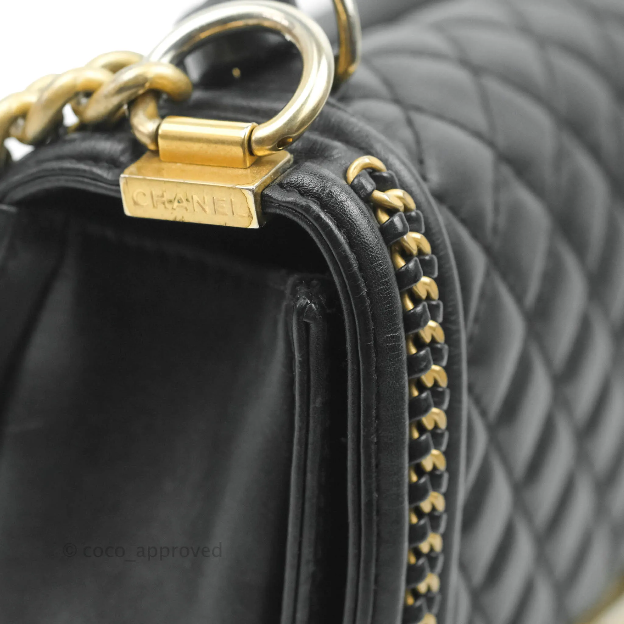 Chanel Quilted Medium Boy With Handle Black Calfskin Aged Gold Hardware