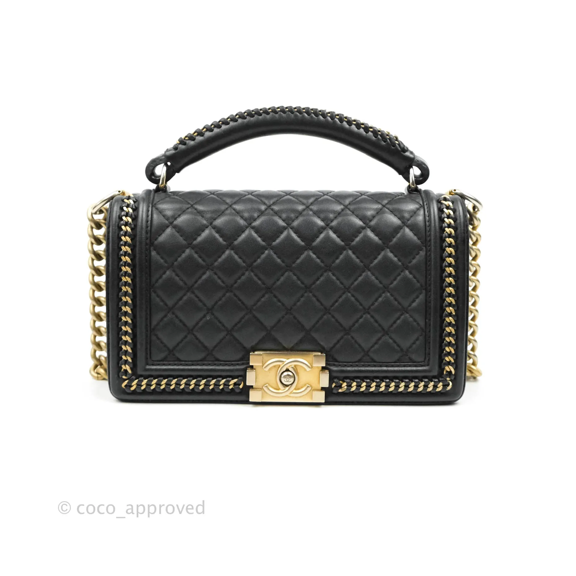 Chanel Quilted Medium Boy With Handle Black Calfskin Aged Gold Hardware