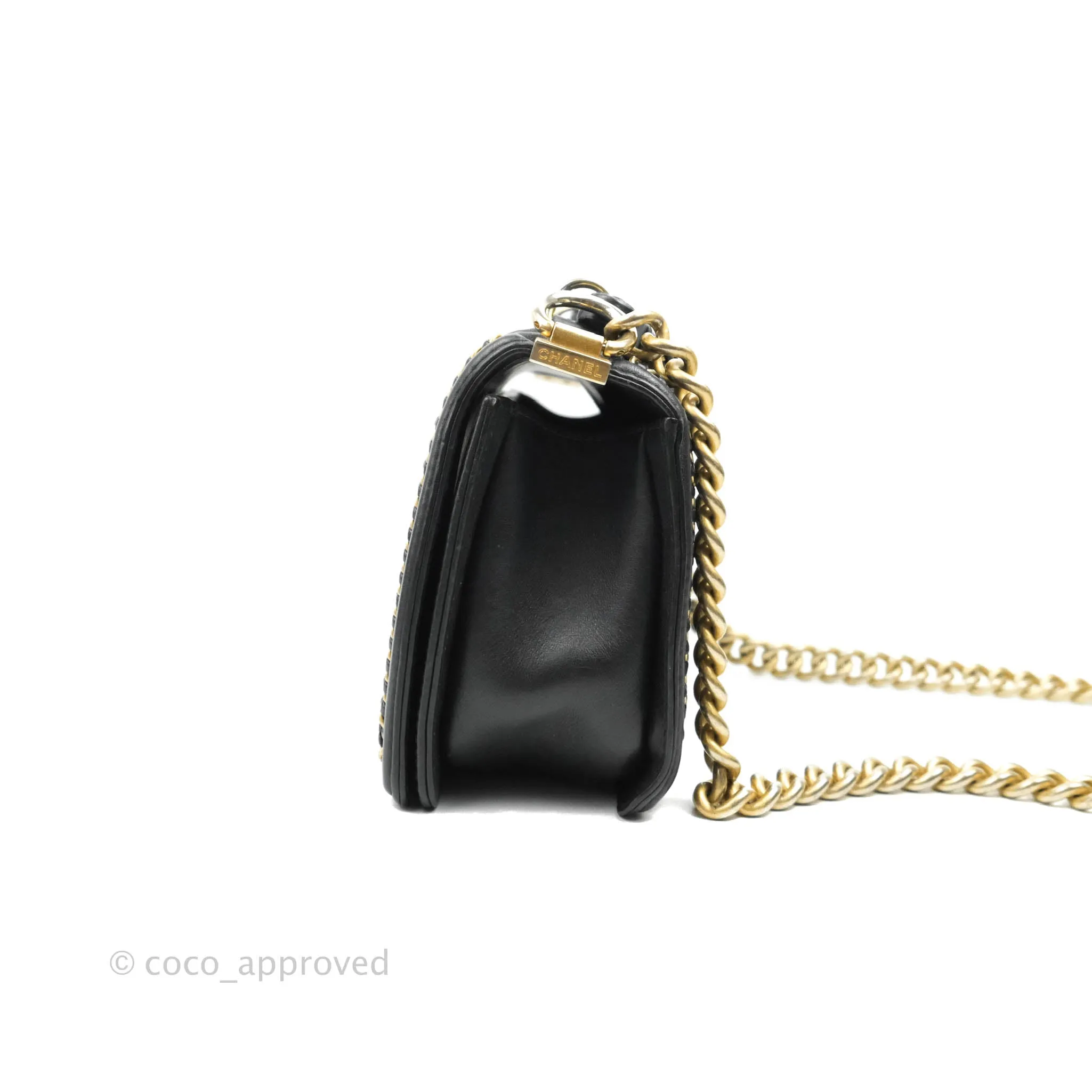 Chanel Quilted Medium Boy With Handle Black Calfskin Aged Gold Hardware
