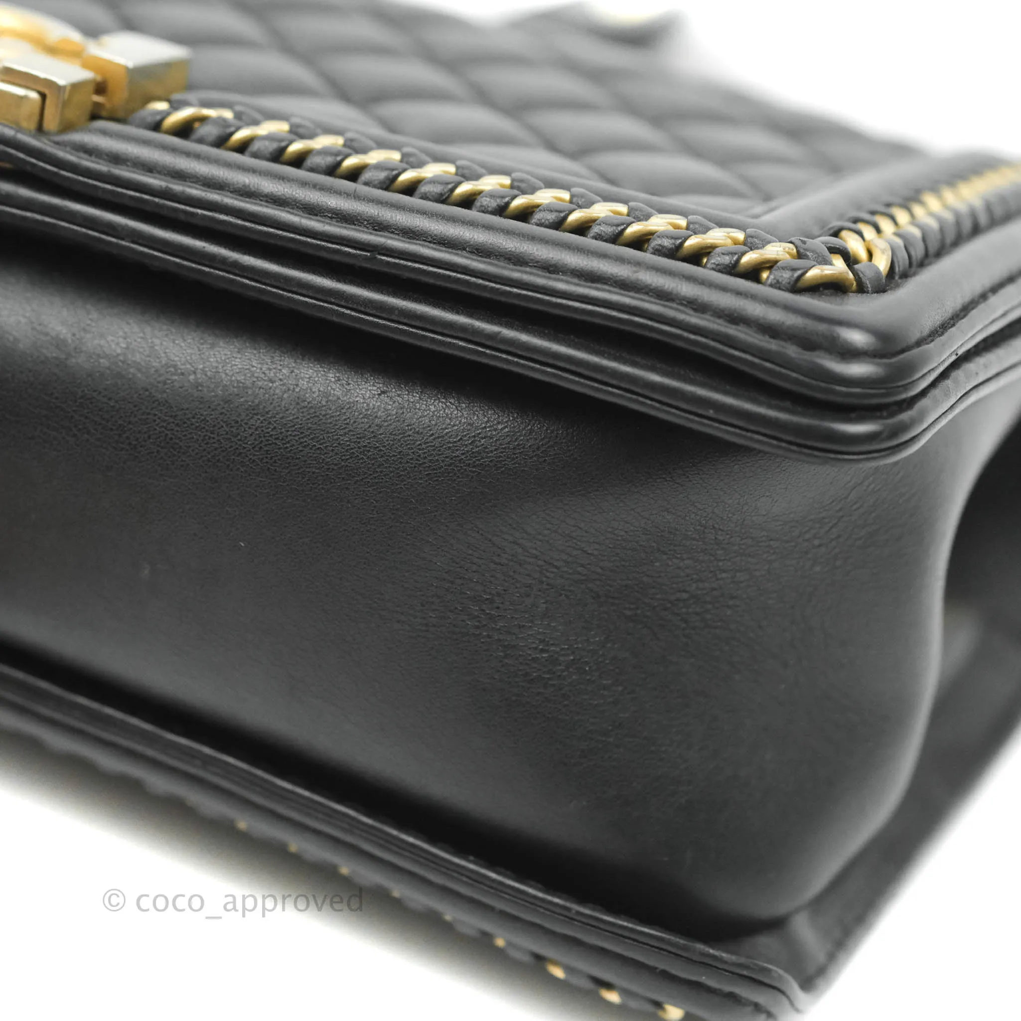 Chanel Quilted Medium Boy With Handle Black Calfskin Aged Gold Hardware