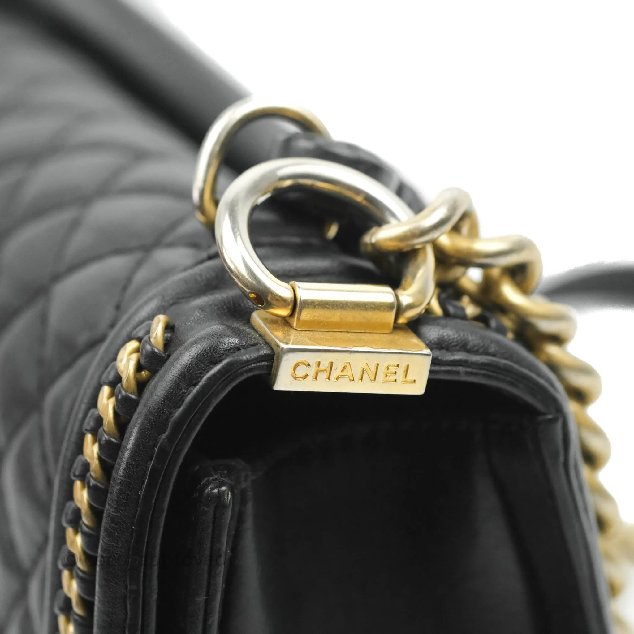 Chanel Quilted Medium Boy With Handle Black Calfskin Aged Gold Hardware