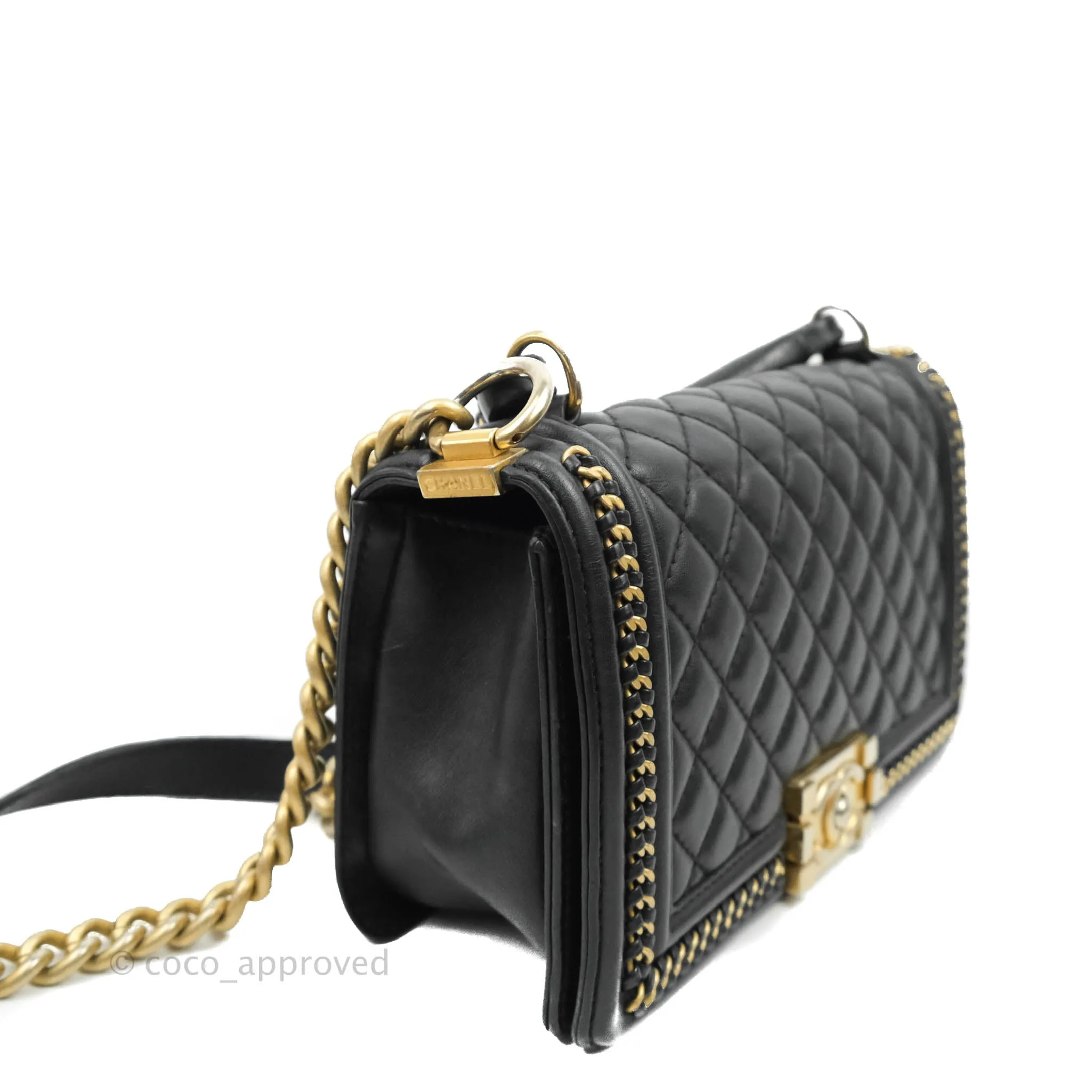 Chanel Quilted Medium Boy With Handle Black Calfskin Aged Gold Hardware