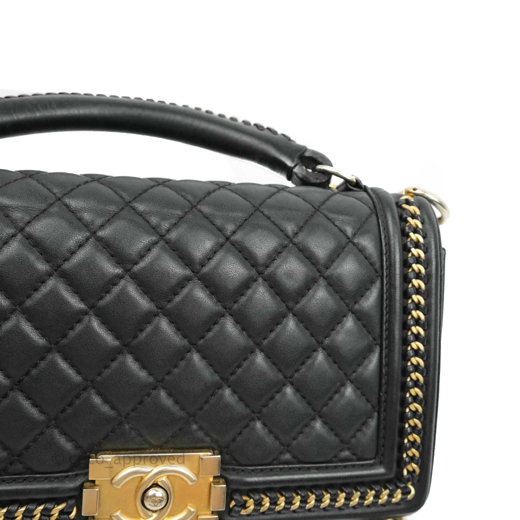 Chanel Quilted Medium Boy With Handle Black Calfskin Aged Gold Hardware