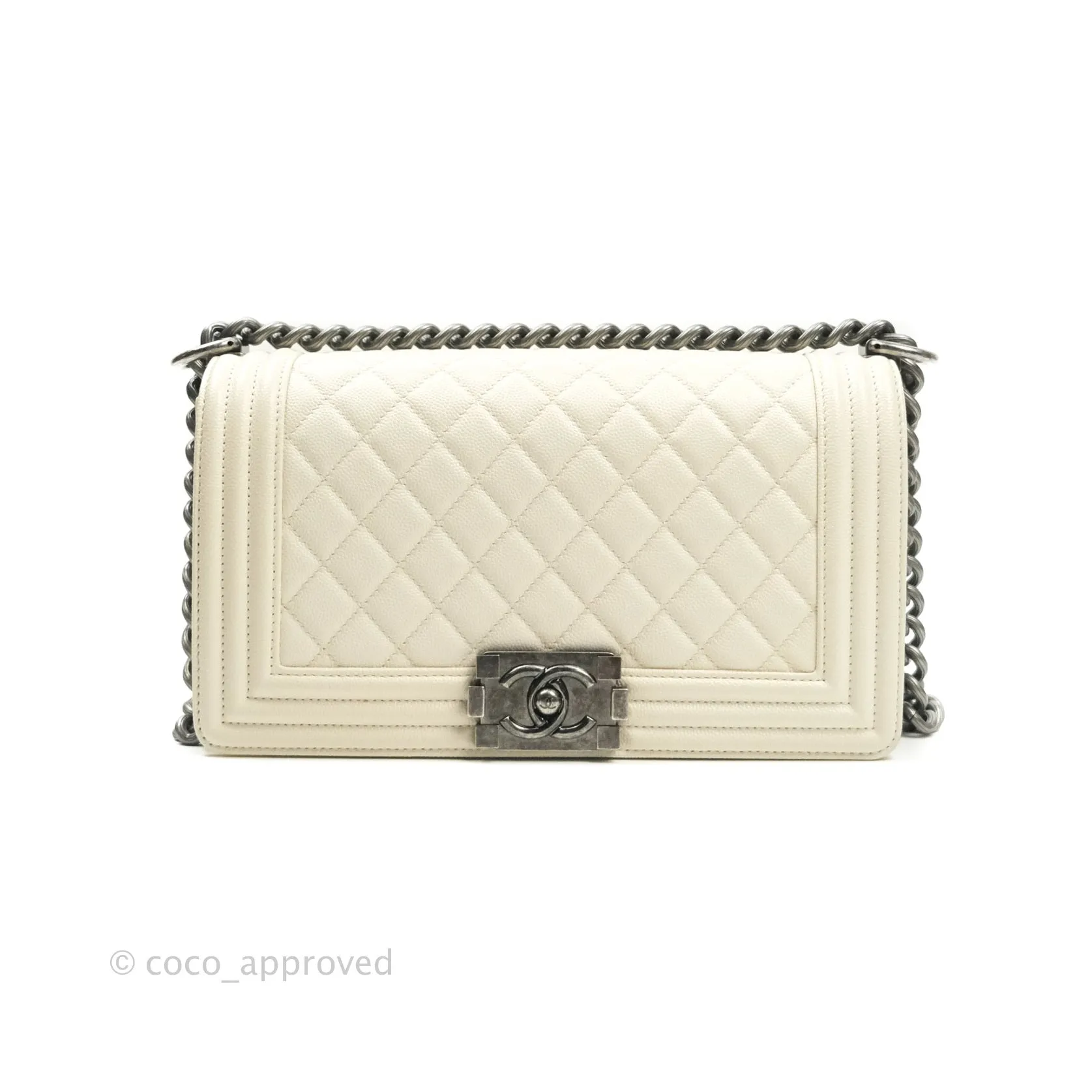 Chanel Quilted Medium Caviar Ivory Boy Flap Ruthenium Hardware