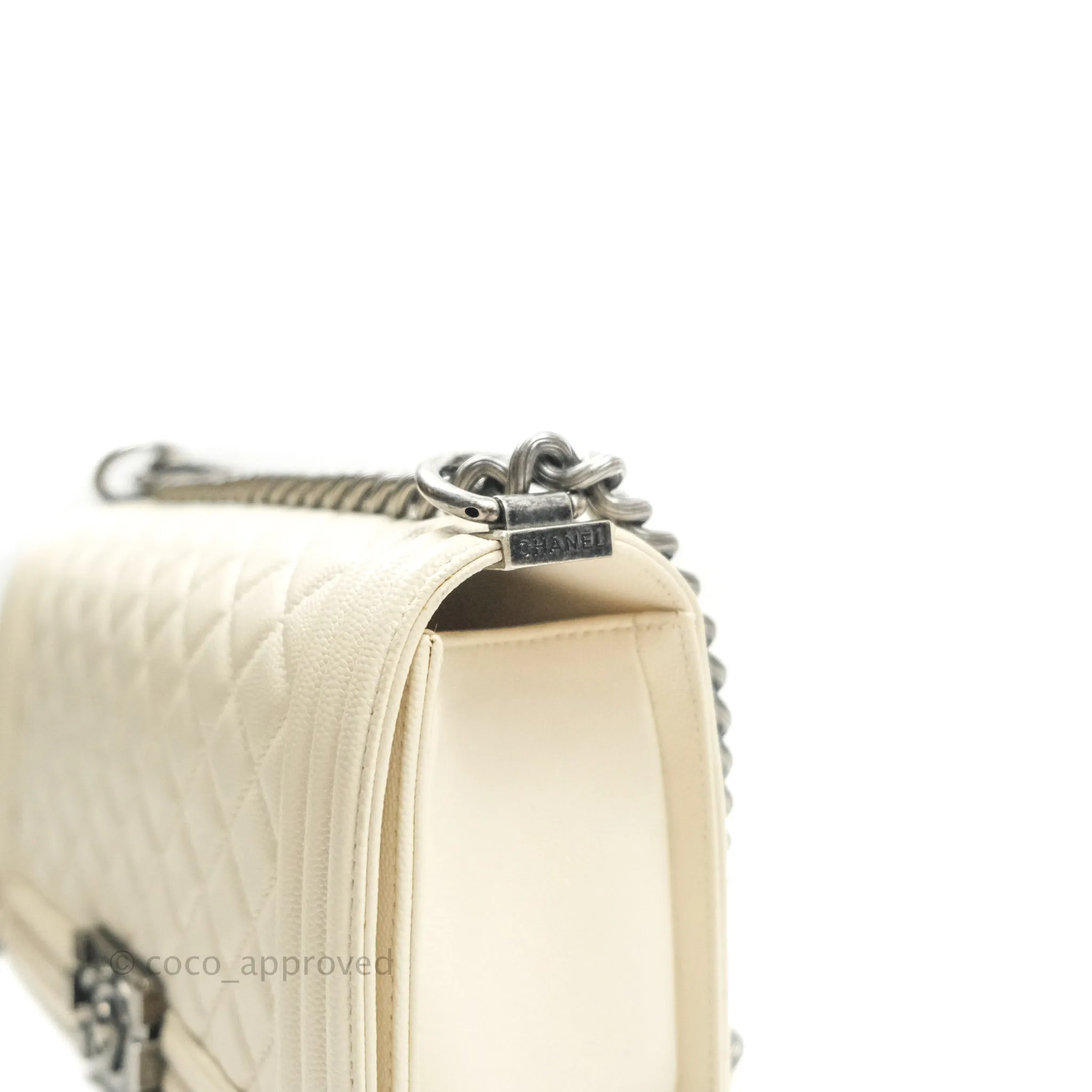 Chanel Quilted Medium Caviar Ivory Boy Flap Ruthenium Hardware