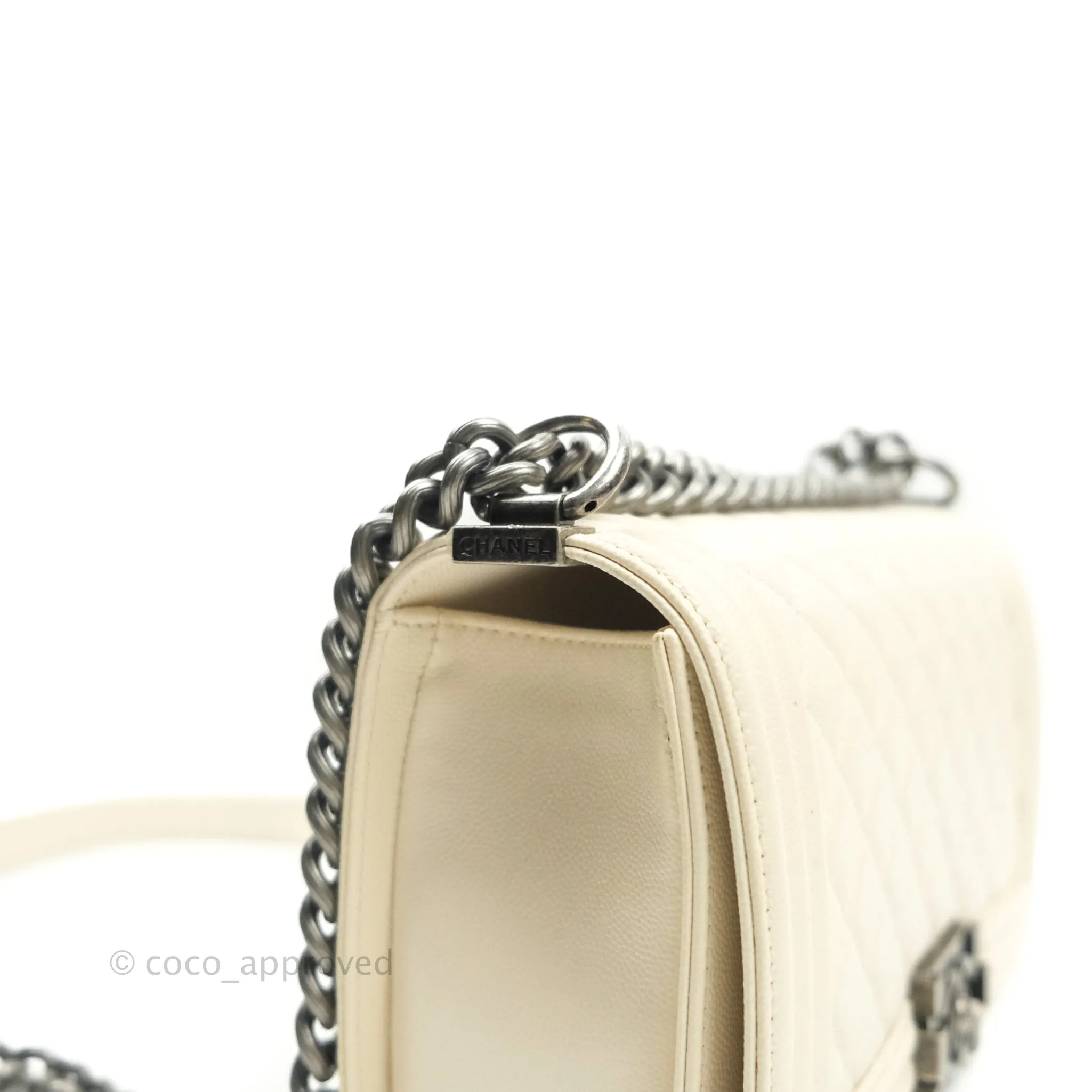 Chanel Quilted Medium Caviar Ivory Boy Flap Ruthenium Hardware