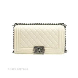 Chanel Quilted Medium Caviar Ivory Boy Flap Ruthenium Hardware