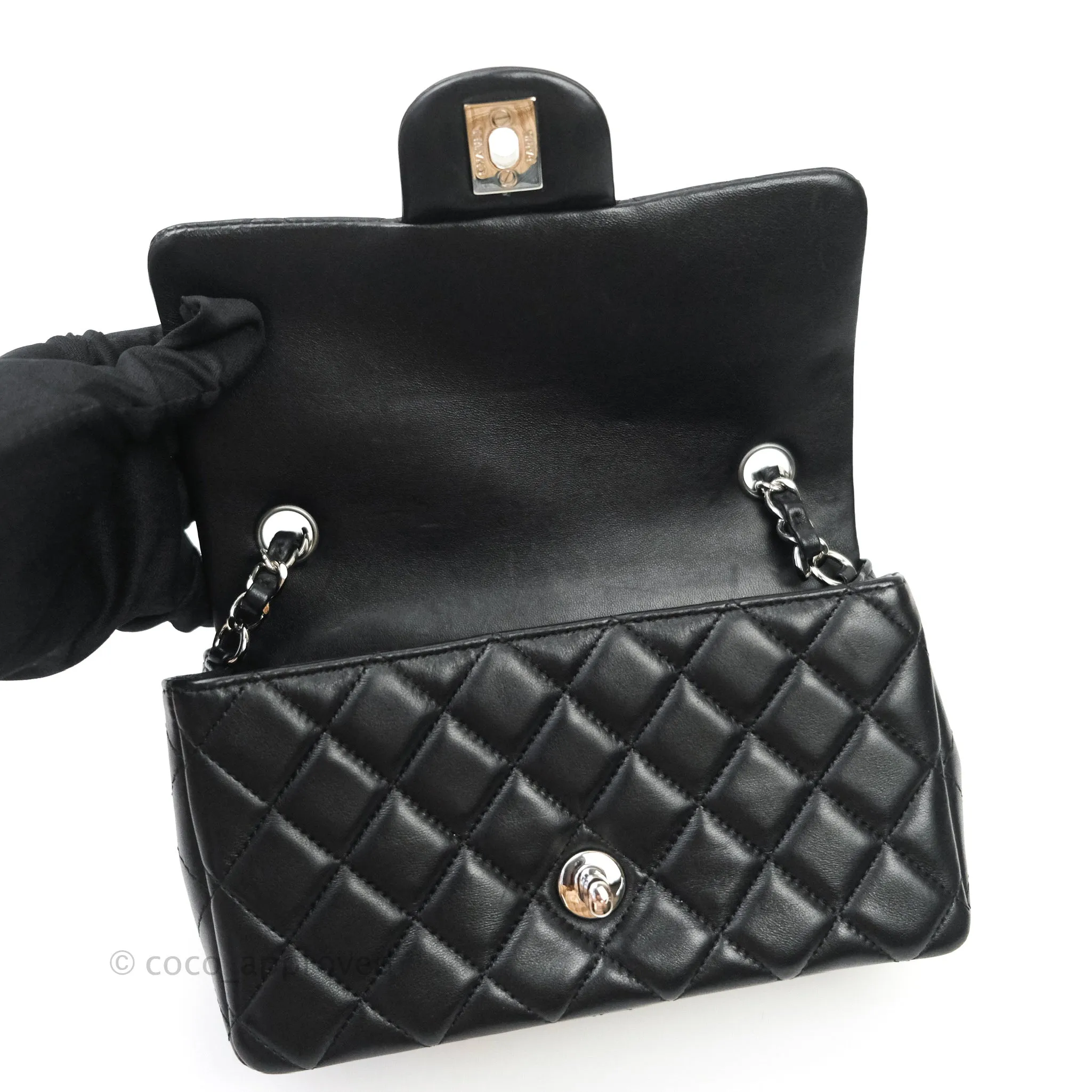 Chanel Quilted Mini Rectangular Black Lambskin Silver Hardware