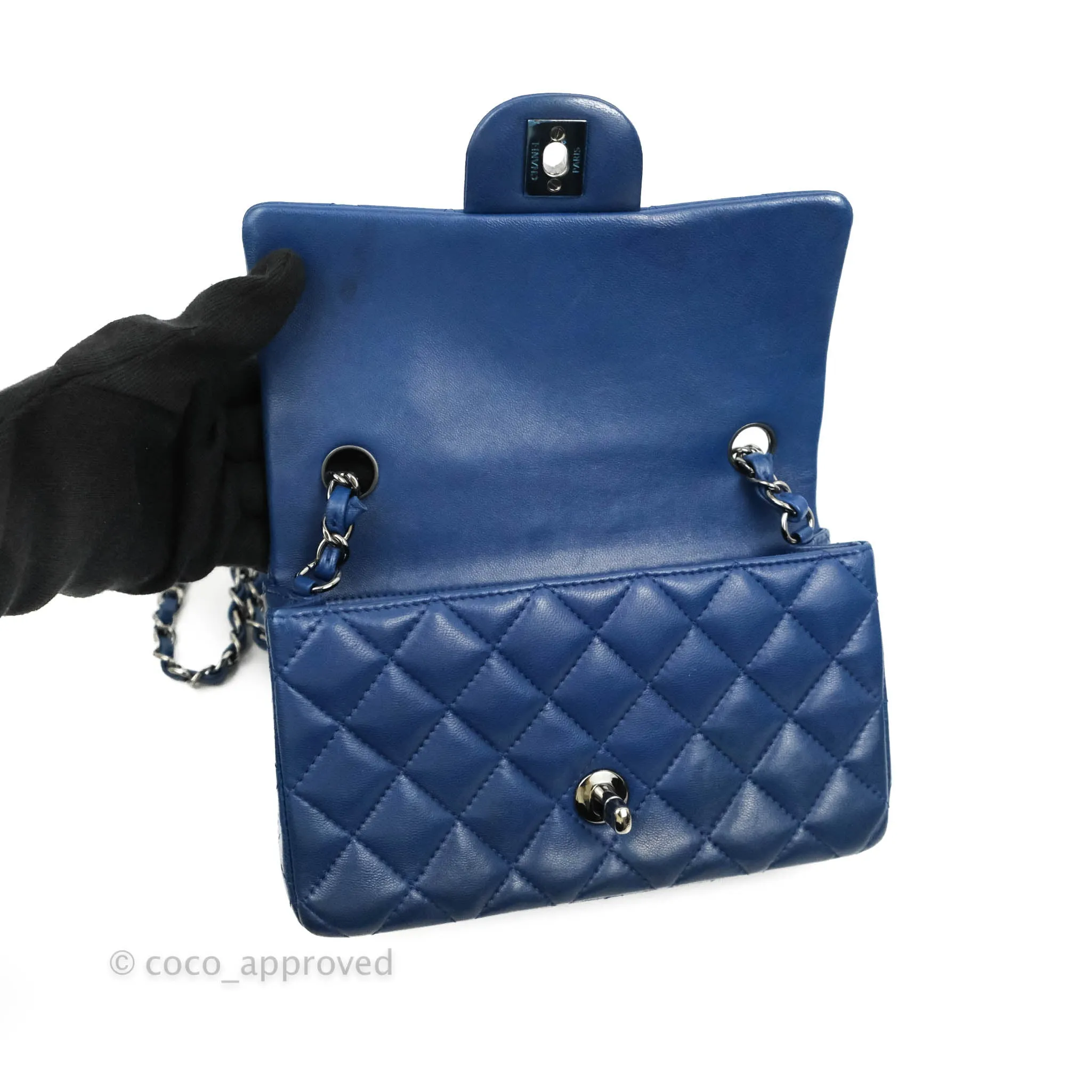 Chanel Quilted Mini Rectangular Flap Dark Blue Lambskin Gun Metal