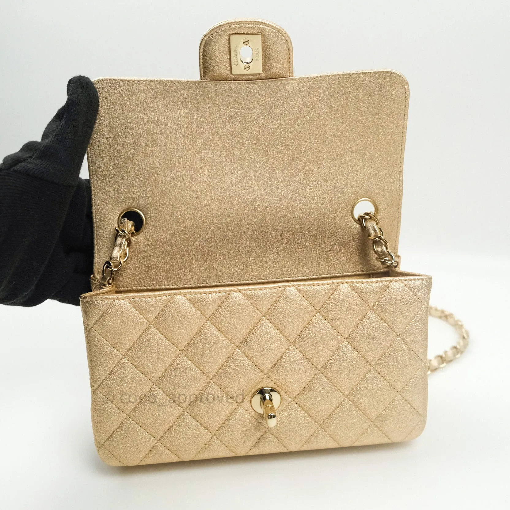Chanel Quilted Mini Rectangular Iridescent Gold Lambskin Gold Hardware