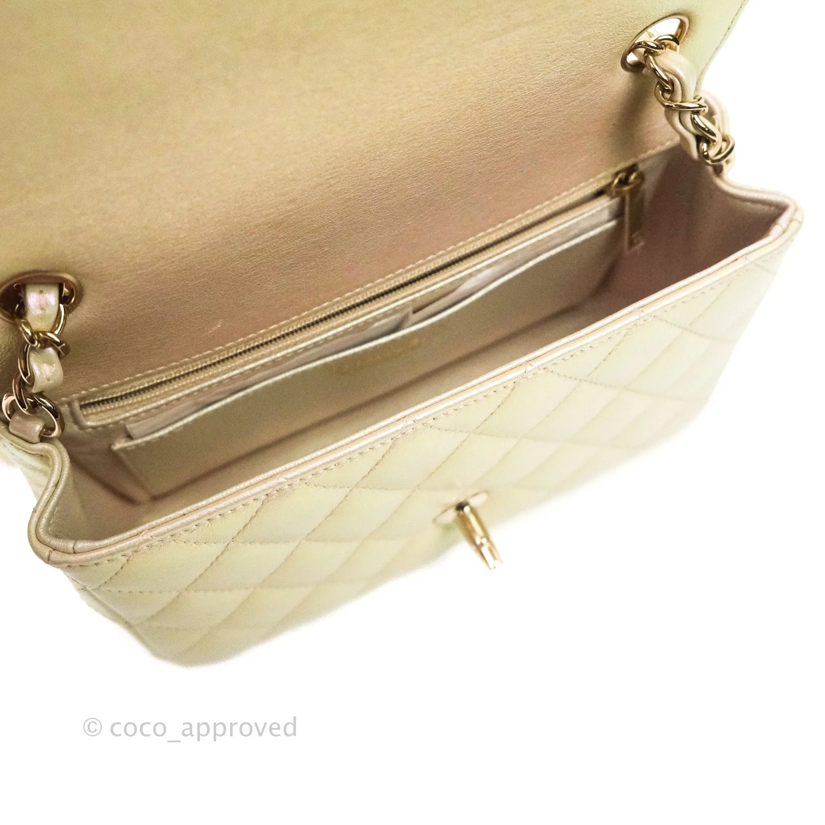 Chanel Quilted Mini Rectangular Iridescent Ivory Lambskin Gold Hardware