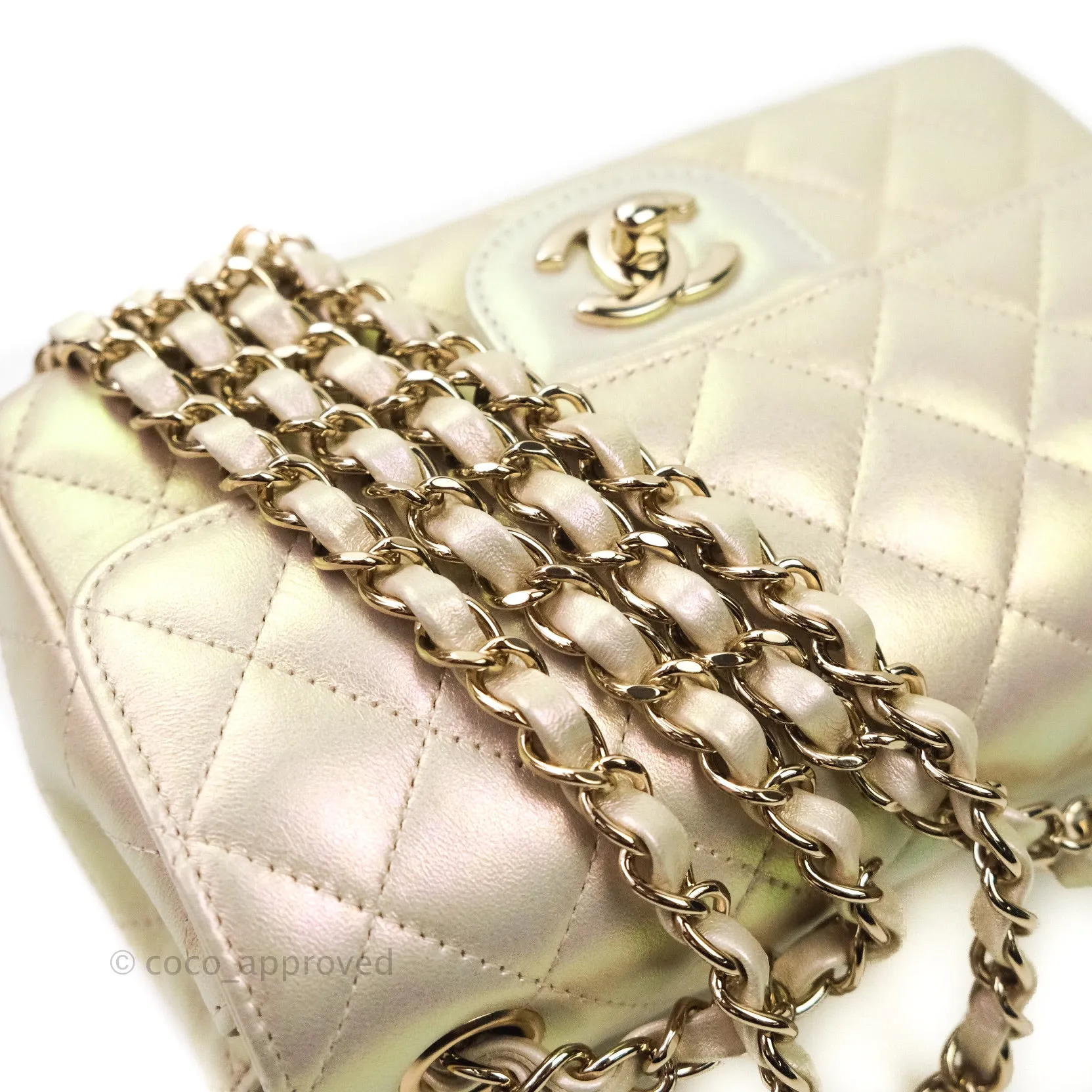 Chanel Quilted Mini Rectangular Iridescent Ivory Lambskin Gold Hardware