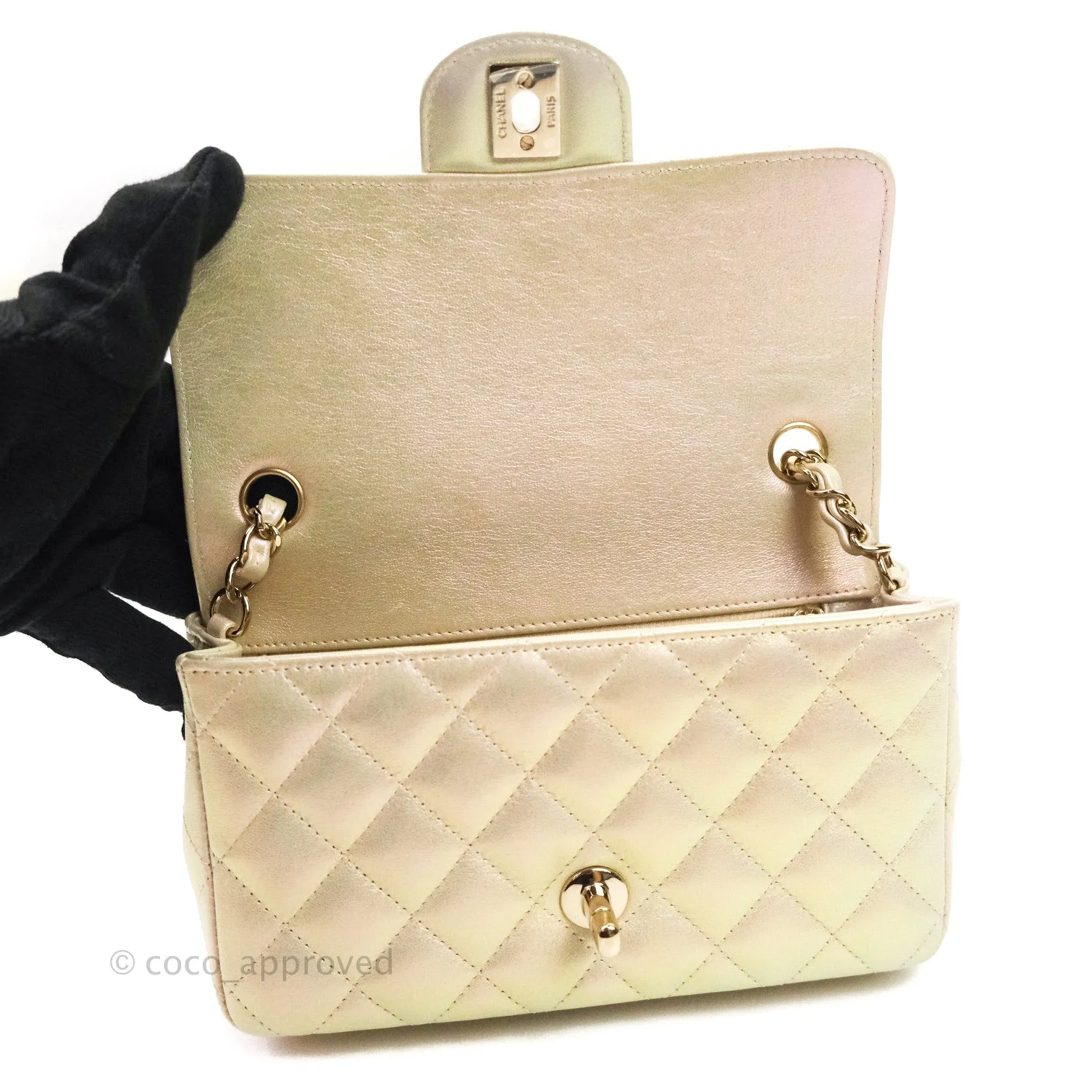 Chanel Quilted Mini Rectangular Iridescent Ivory Lambskin Gold Hardware