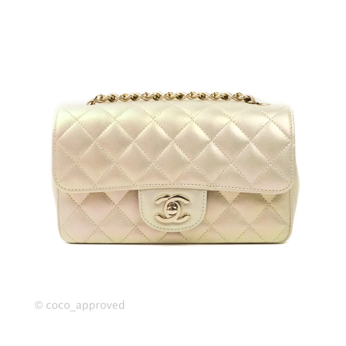 Chanel Quilted Mini Rectangular Iridescent Ivory Lambskin Gold Hardware