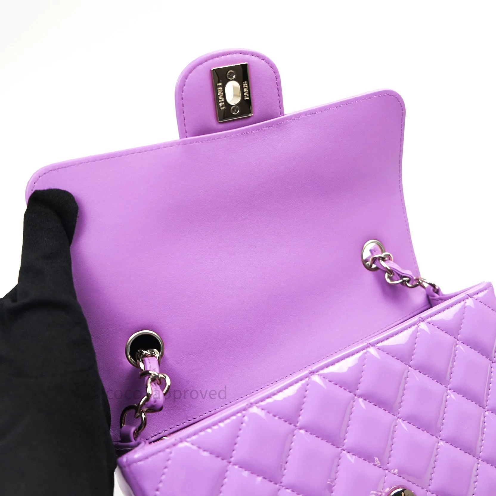 Chanel Quilted Mini Rectangular Purple Patent Leather Light Gold Hardware 20S
