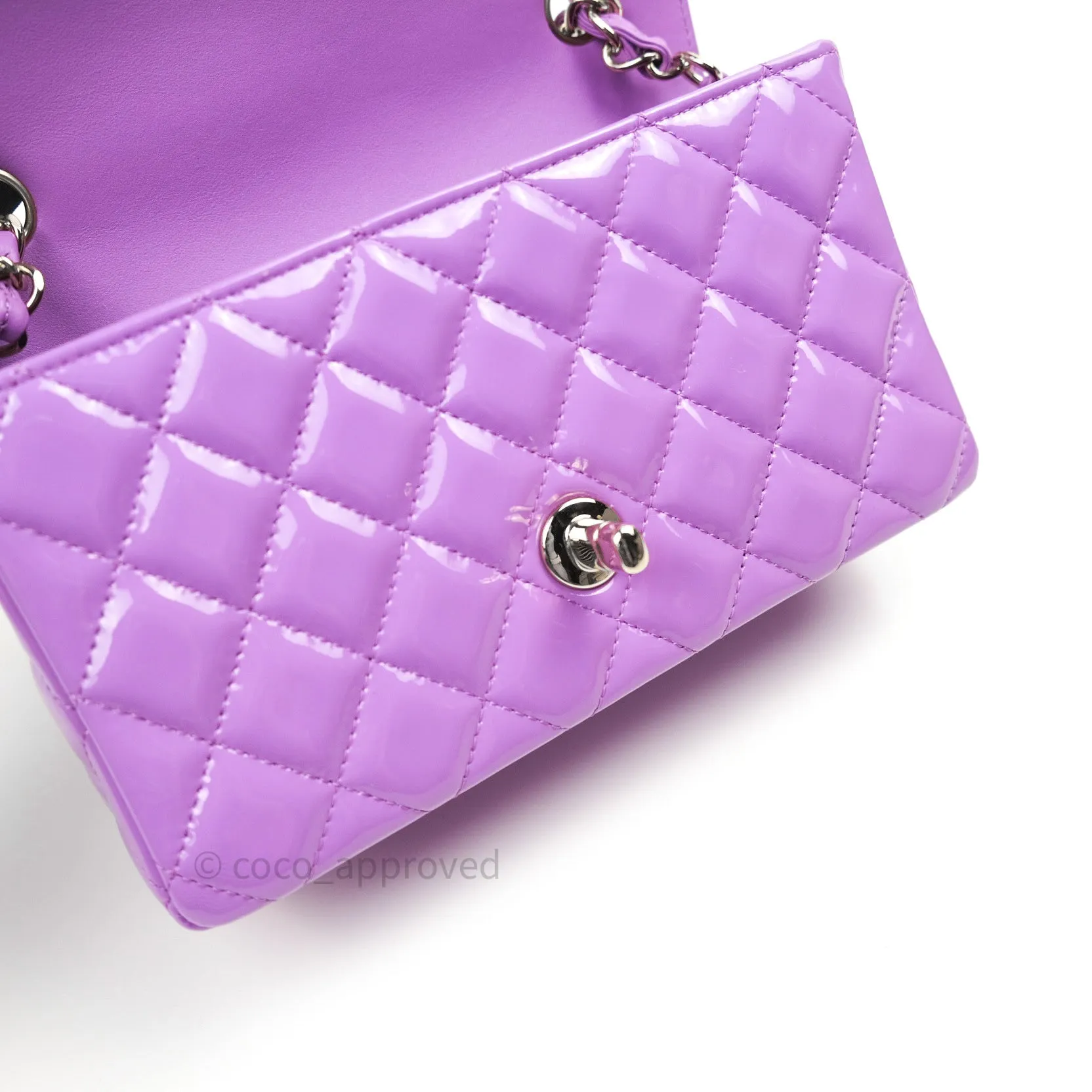 Chanel Quilted Mini Rectangular Purple Patent Leather Light Gold Hardware 20S