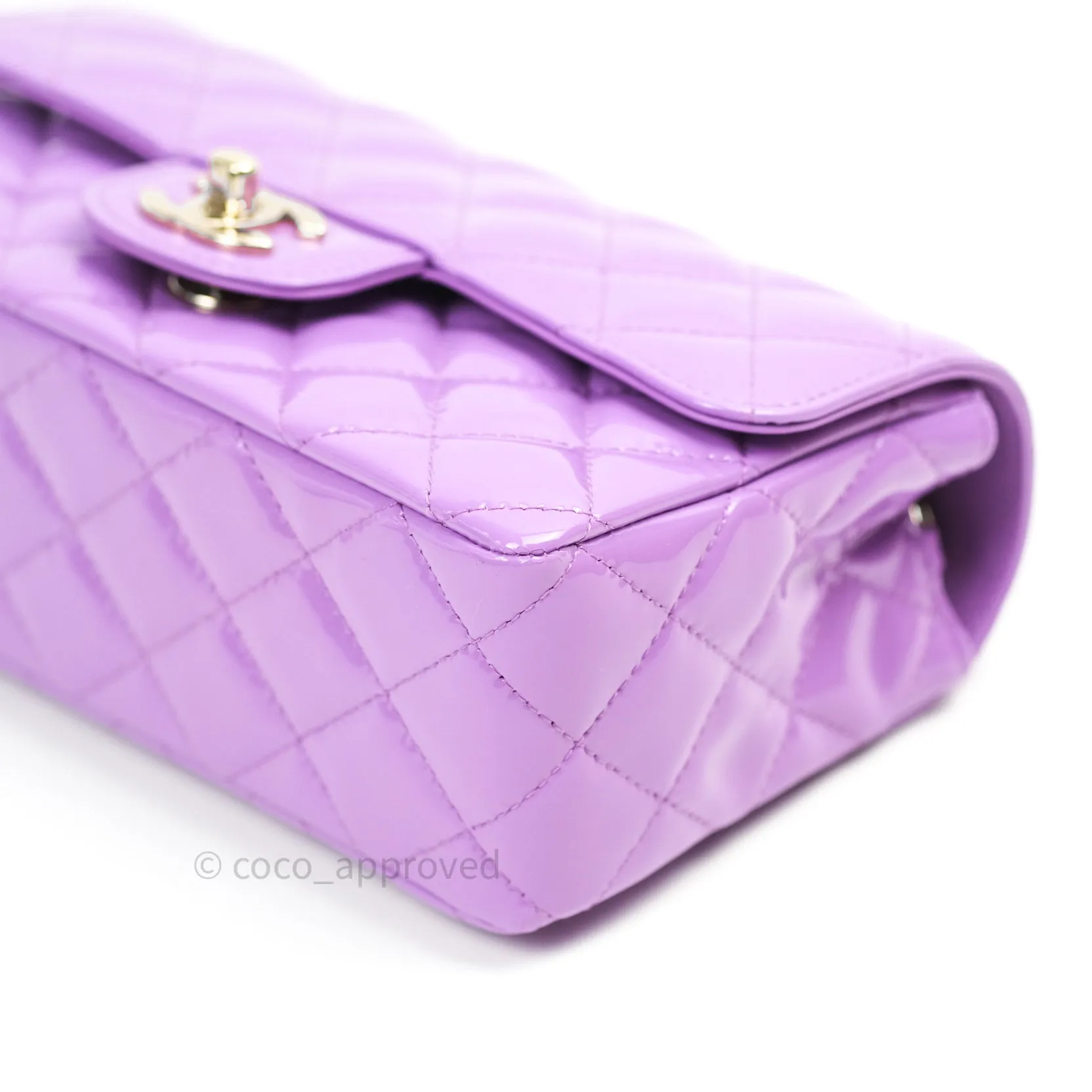 Chanel Quilted Mini Rectangular Purple Patent Leather Light Gold Hardware 20S