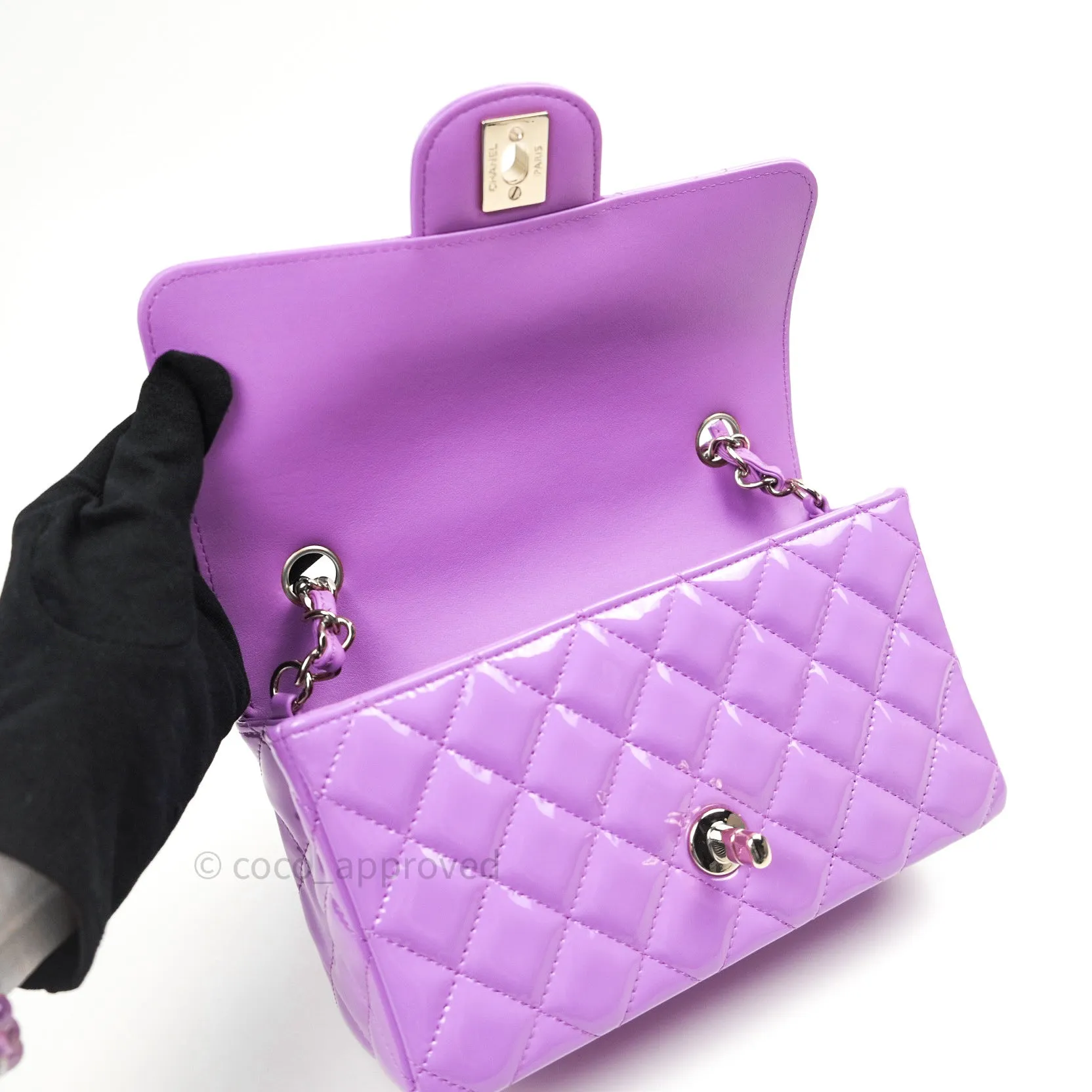 Chanel Quilted Mini Rectangular Purple Patent Leather Light Gold Hardware 20S