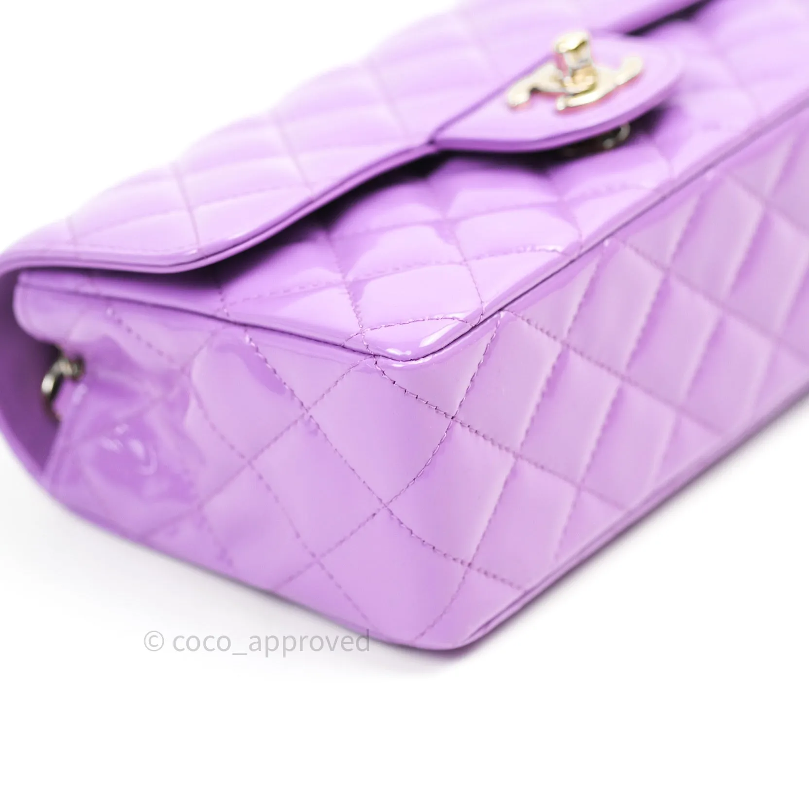Chanel Quilted Mini Rectangular Purple Patent Leather Light Gold Hardware 20S