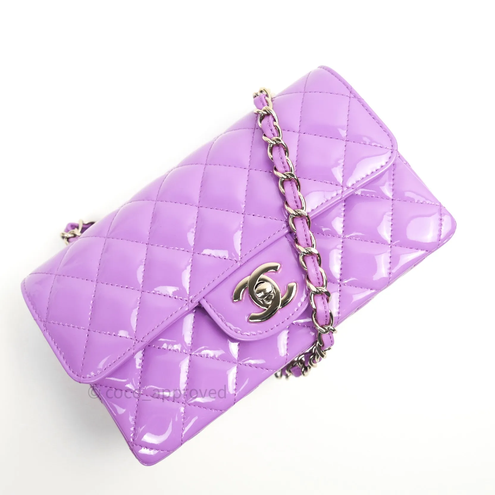 Chanel Quilted Mini Rectangular Purple Patent Leather Light Gold Hardware 20S