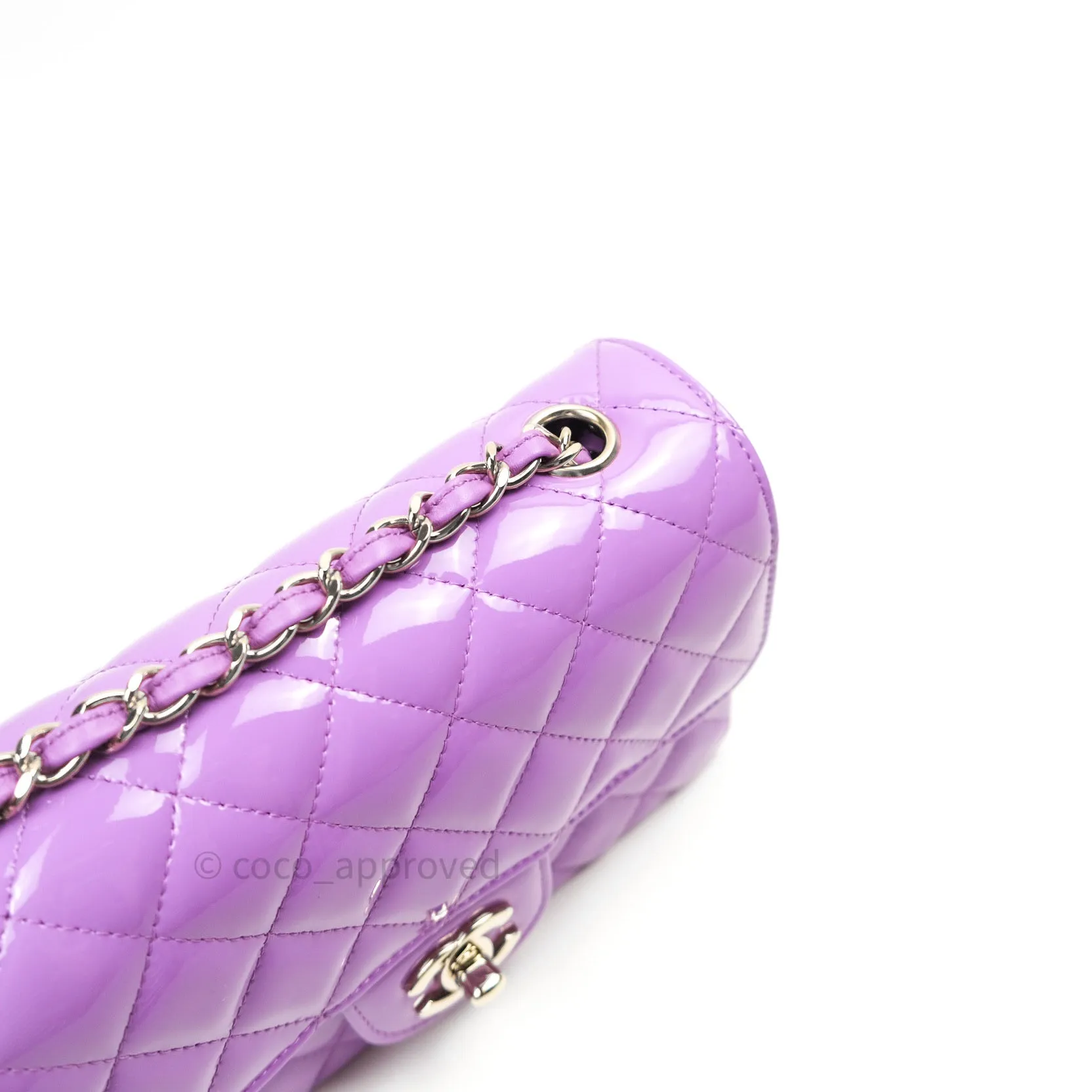 Chanel Quilted Mini Rectangular Purple Patent Leather Light Gold Hardware 20S