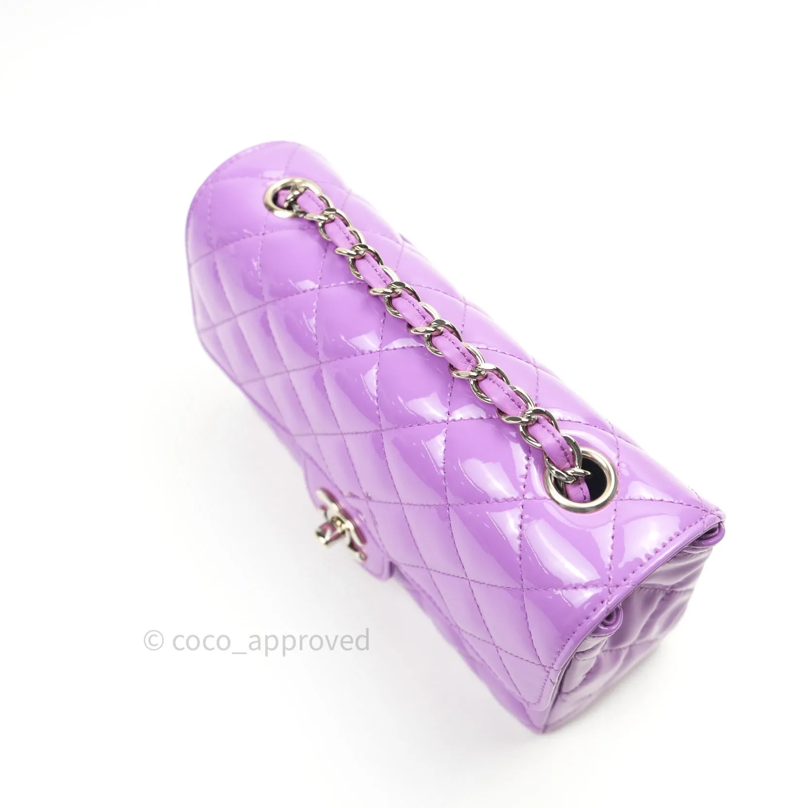 Chanel Quilted Mini Rectangular Purple Patent Leather Light Gold Hardware 20S